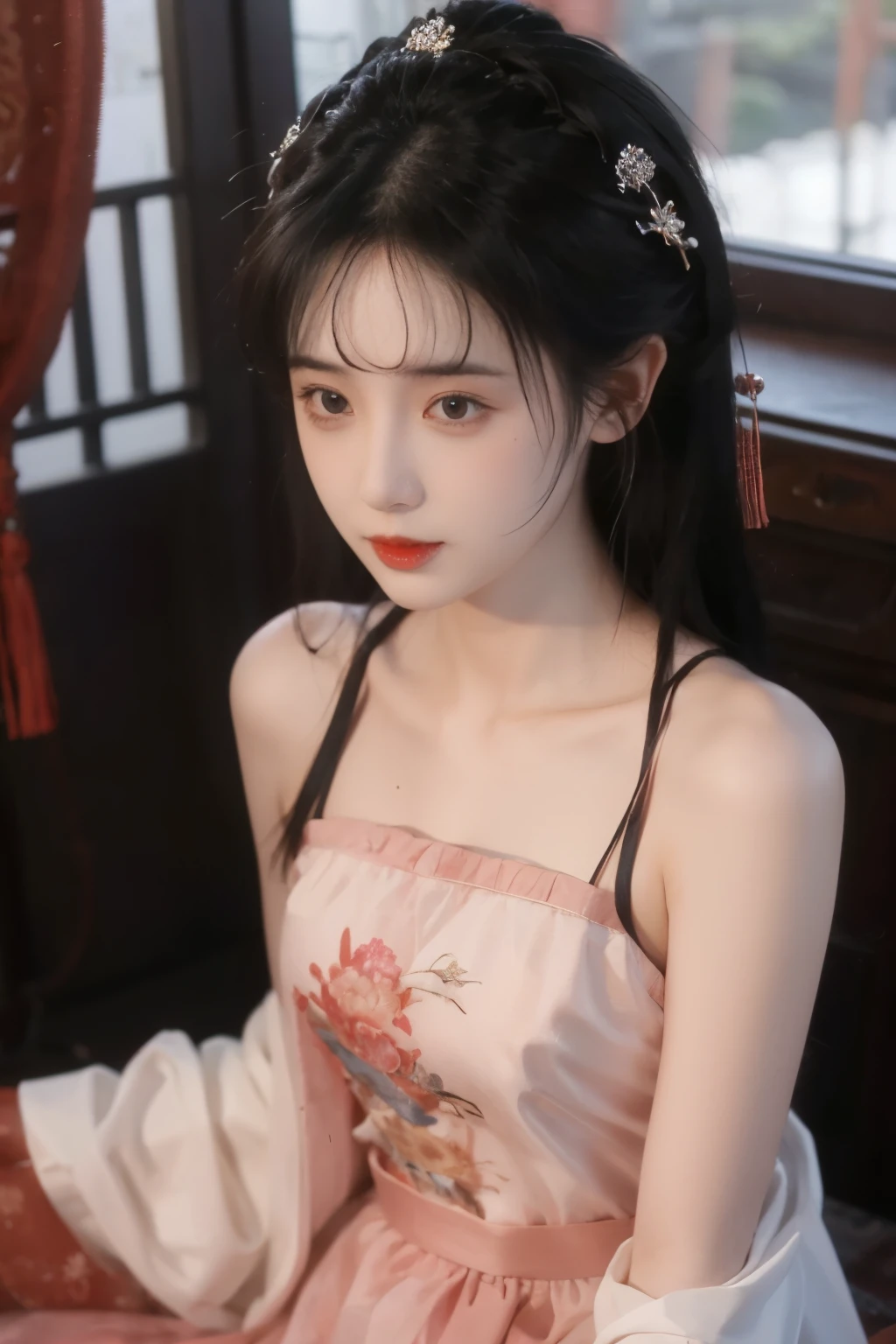1 girl, skirt, Hair accessories , 粉色skirt, alone, Chinese clothing , long hair, Sitting, Bare shoulders, window, brown hair, OK, Indoor, dark hair,
and watch the audience,