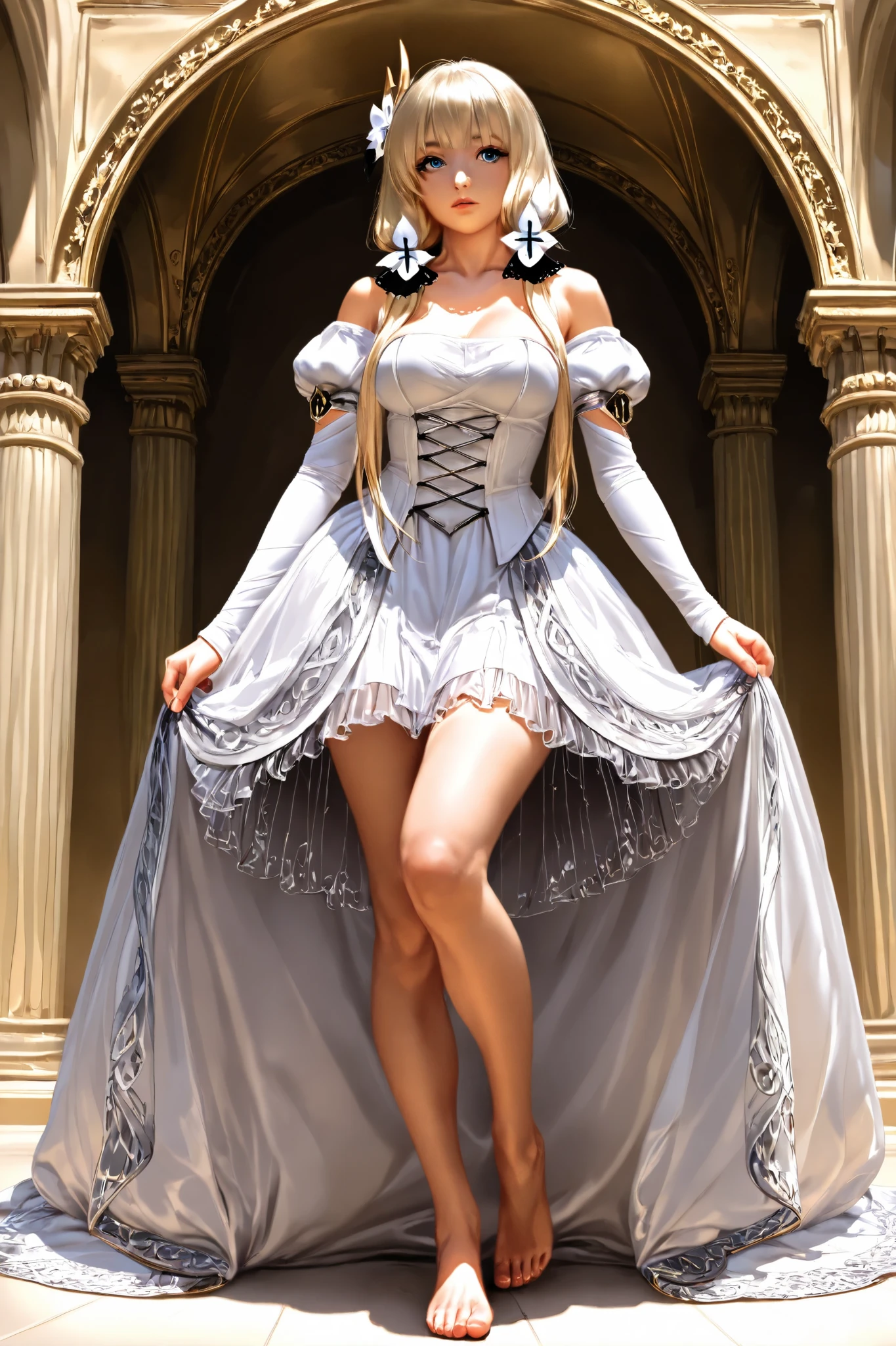 Full body girl in princess dress, 8k bright light blue. On the castle stairs ballroom With a delicate and beautiful face. 