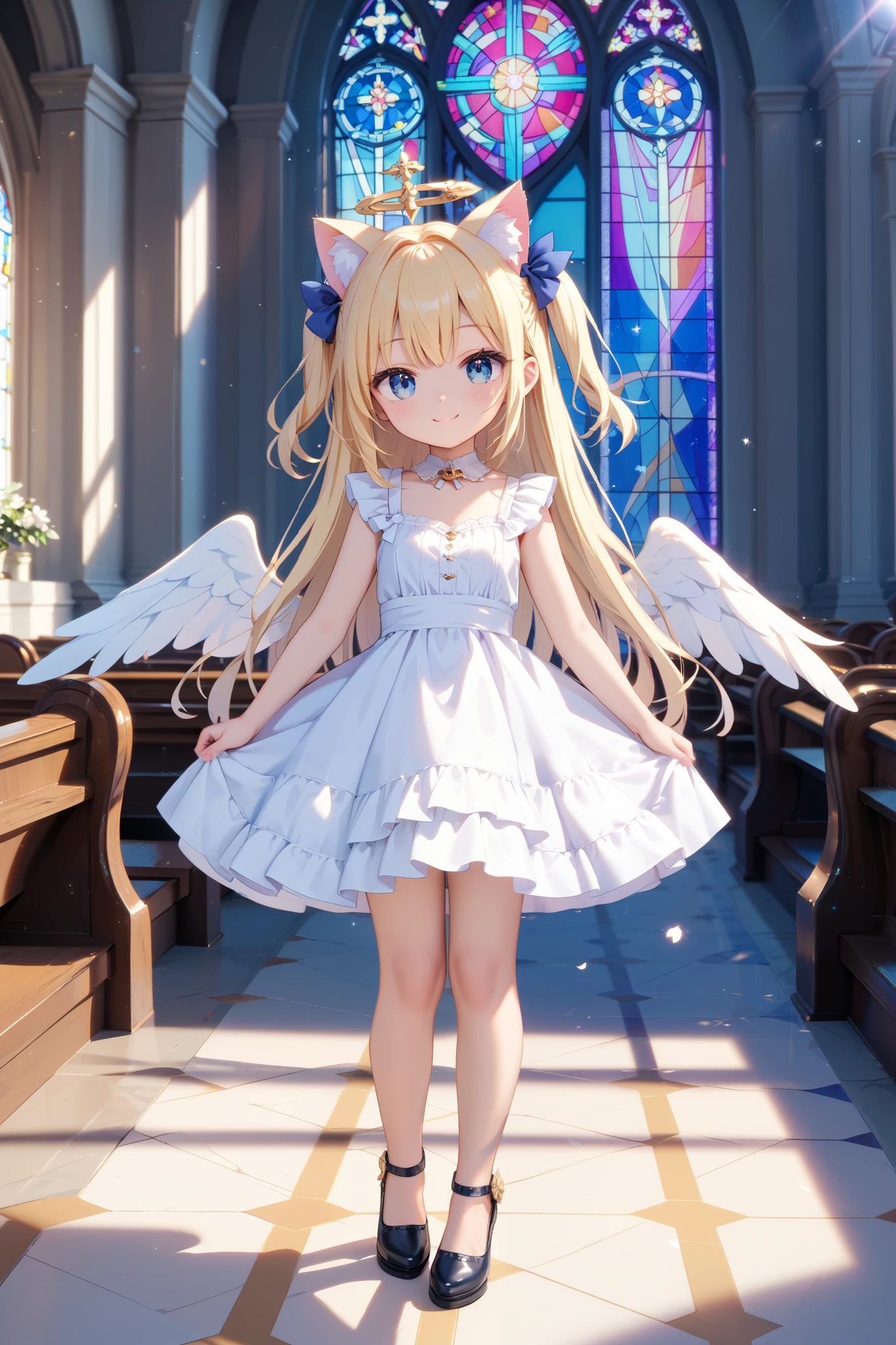 full body、 front view、
Angel girl standing in church、
1 girl,smile、 long hair, Gold, two side up, 6 white wings、blue eyes, circle of angels in dark, Cat ears, cute face、White Dress、
photos、
High Resolution, masterpiece, accurate, anatomically correct,
anime, Apocalypse,
church stained glass backgrounds 、
lens flare, Godley,
highest quality, high image quality model, Ultra High Definition, 3D rendering,( standing up picture:1.5),