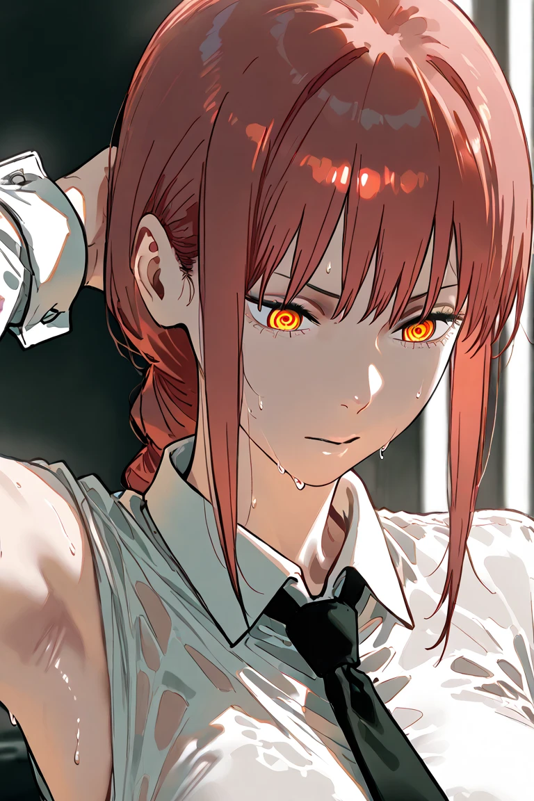 (Masterpiece), (Best Quality),Makima \(Chainsaw Man\), Best Quality, Ultra Detailed, One Girl, Solo, Standing, Red Hair, Long Braided Hair, Golden Eyes, Bangs, Medium, White Shirt, Tie, Staring, Smile, (evil:1.2), (Dark Background, Chain:1.3)Top Quality, Masterpiece, Upper Body,
(grin: 0.4), arms behind the head,
airborne light particles, center,