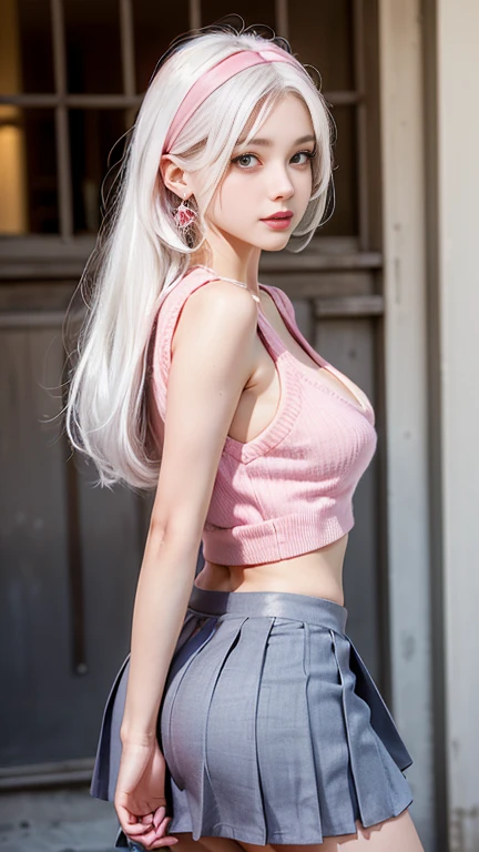 (Best quality, masterpiece, detailed), (RAW, 4k, hd images), 1 girl, 17 years old, white skin, bright and dazzling blonde hair, long bangs between the eyes, hair buns, beatutiful face, perfect face, cute face, glowing pale blue eyes, thin pink lips, lipsticks, detailed features of face design, perfect body, perfect breast, round breast, smile, thigh, legs, indoors, turtleneck, short skirt, full body, standing, photo on middle facing camera, white wall background,