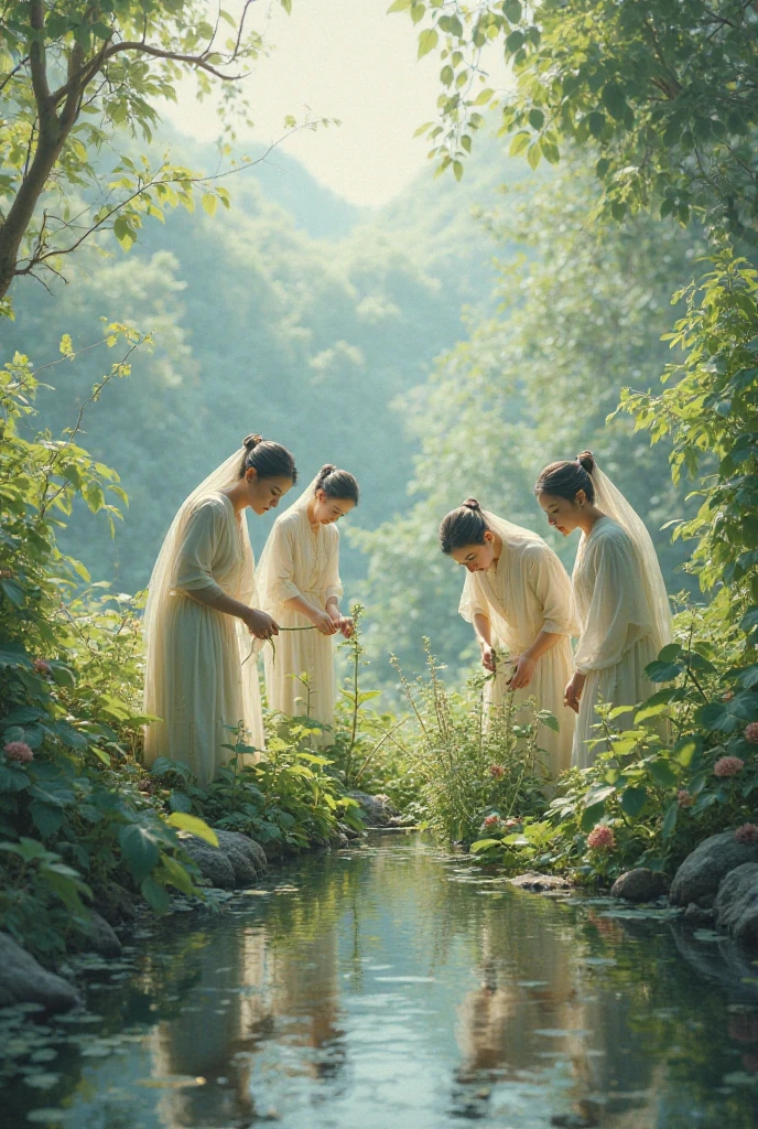 Create a realistic image from the Tang Dynasty era ,The first woman in a grey villager&#39;s dress , The second woman in white villager clothes , The third woman in brown villager clothes, the three of them looked at their thirty-year-old husband standing with a young woman in white in the garden behind the mansion in the middle of the forest, playing in the clear water in the pond with their naked bodies.
