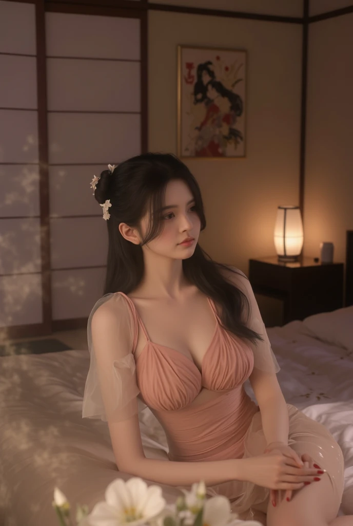 Long-haired anime girl sitting on bed, cat ears, from the girl front, cute anime waifu wearing beautiful clothes, seductive anime girl, white-haired deity, exquisite details. in dress, anime 4k ,1 girl, solo,