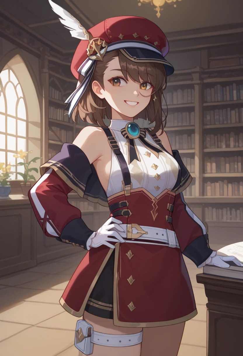 pirate girl,brown hair,ponytail,buffed,glasses,pirate,confident,cheerful