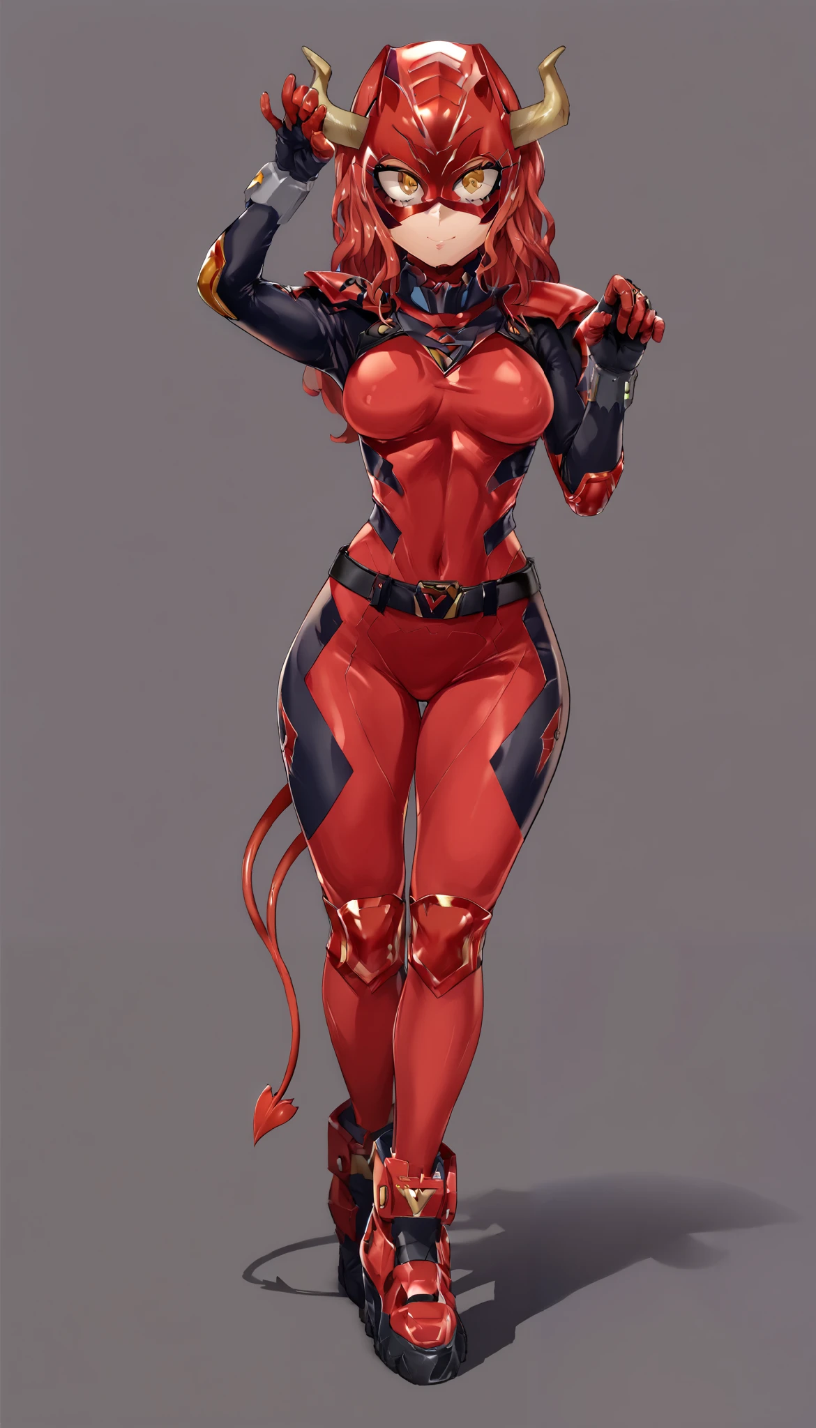 (My Hero Academia Style), (High quality), masterpiece, best quality, 1girl, solo, (Power Ranger suit), (Red Power Ranger Suit), (Red Ranger Suit), Red hero costume suit, futuristic neon red armor with bright gold details, Hero pose, Red Devil Ranger Helmet, thin devil horns, (black knee and elbow pads), (black studded shoulder pads), (black studded boots and gloves), (black belt with pockets), (wide hips), (wide thighs), (medium breasts), (slim waist), (wide hips), (medium thighs), bright Golden eyes, (athletic body), Head covered, Face covered, Perfect hands, Perfect anatomy, Full Body Photo: 1.5, Looking at Viewer, Devil's tail, Simple background, red smoke,