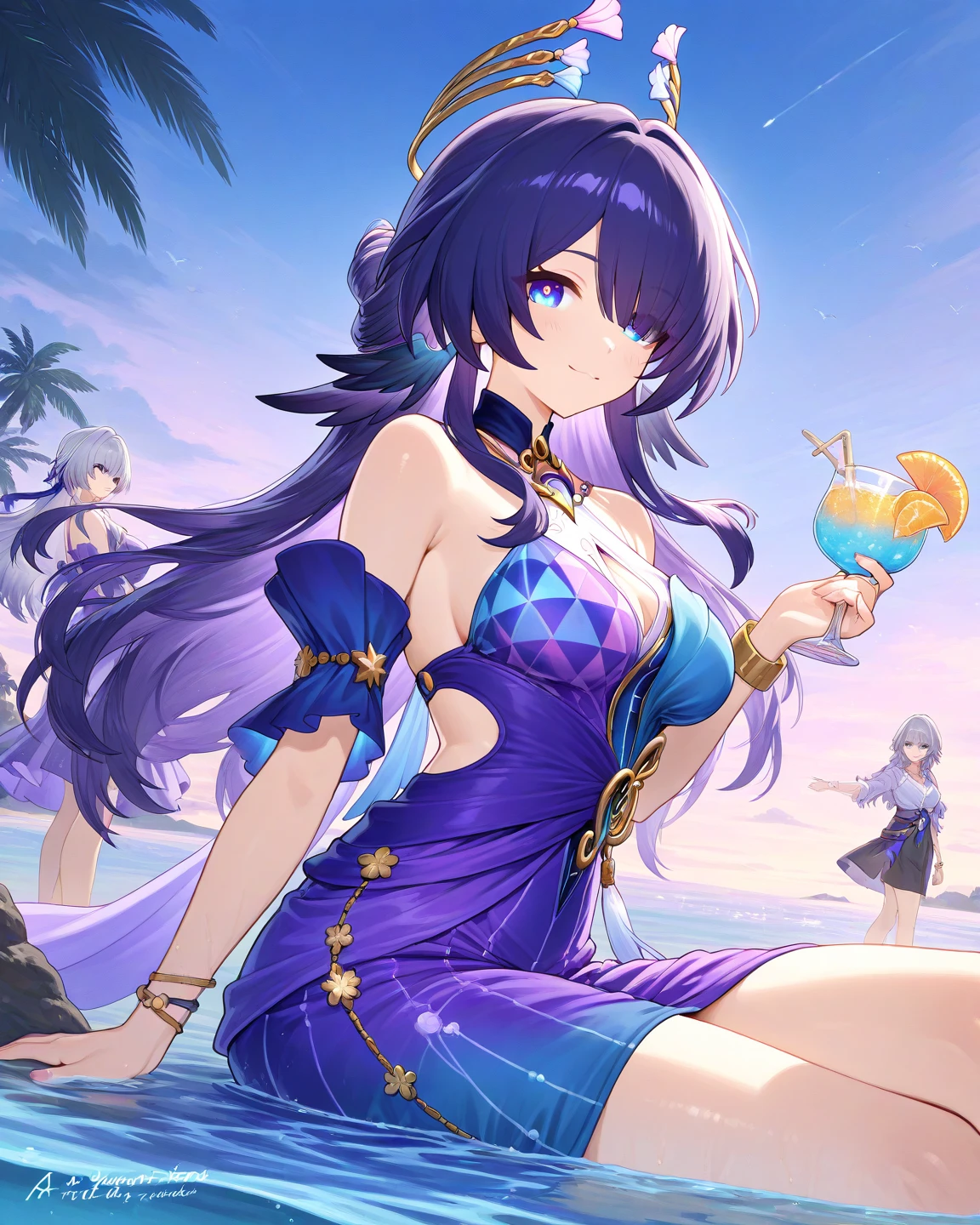 Masterpiece,best quality, cowboy shot,toujo nozomi, purple hair,long hair, big breasts, long transparent skirt,side slits, thighs, dancing,cleavage, dancer top,stars printed,half sleeves, black thong ,beach, mature, sunset, love live , dancing, multiple men sitting on ground