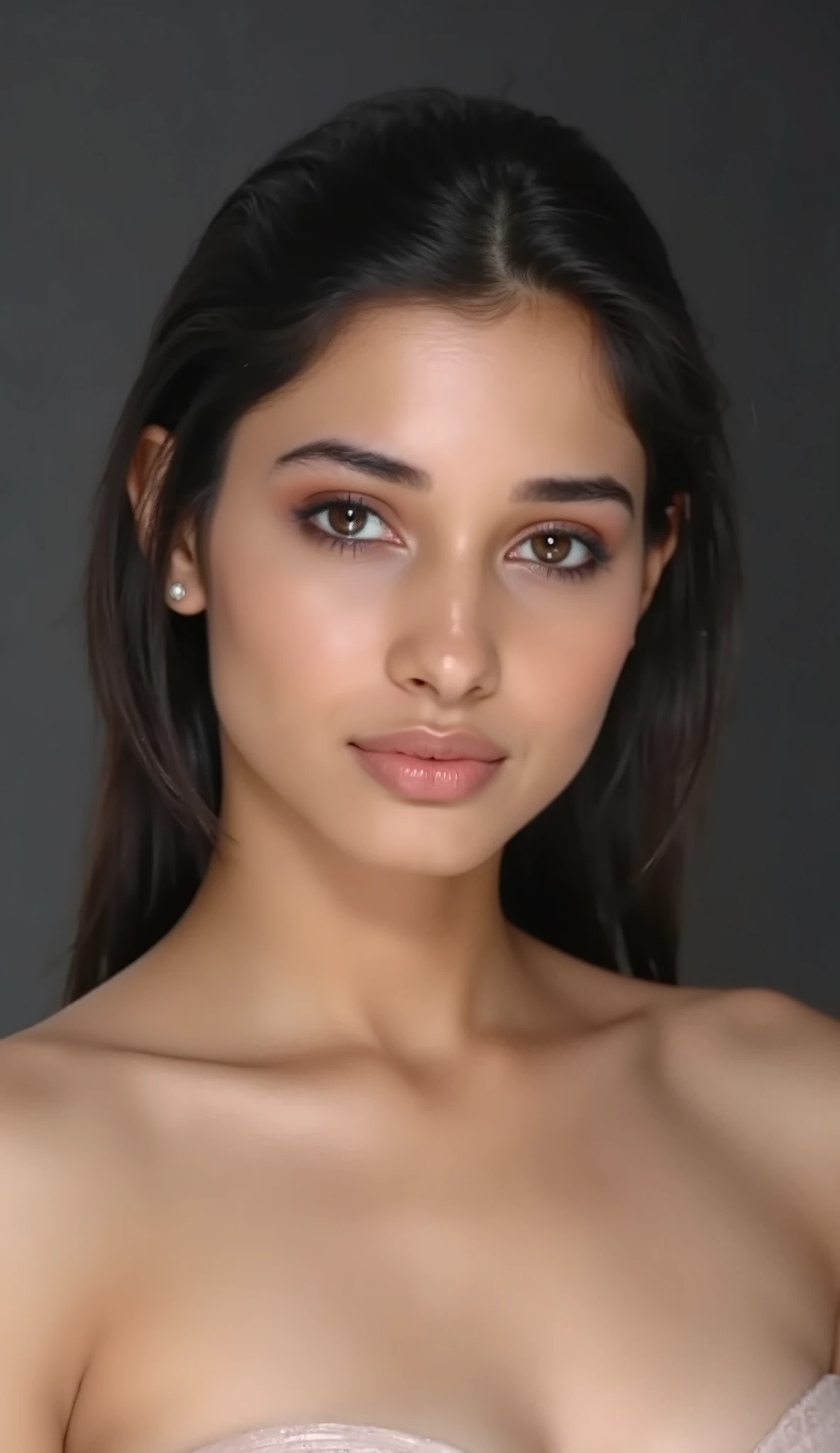Create a close-up, high-fashion portrait of a nude woman with striking eyes and a calm, confident expression. Her hair is styled in a sleek manner, revealing her facial features with clarity. Her body is naked. The background is a smooth gradient of dark gray, enhancing the overall refined and contemporary aesthetic. The lighting is soft yet directional, highlighting her flawless complexion. The mood of the portrait is polished, modern, and sensuous