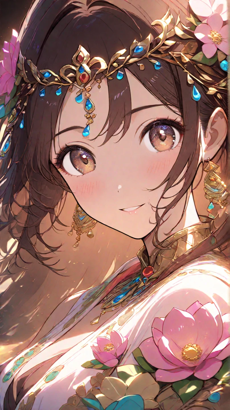 (high quality, 8K), (soft light), Rainbow-colored, one girl, detailed face, fine eyes, watercolor paiting, so magical and dreamy, dreamy and detailed, dreamy atmosphereとドラマ, gorgeous atmosphere, Fantastic and beautiful lighting, dreamy atmosphere, beautiful atmosphere, dreamy romantic, Fantastic and dreamy theme, magical atmosphere, beautiful atmosphere, anime background art, magical atmosphere + table top, dreamy aesthetics, Beautiful details with atmosphere, lots of flowers, bubble, water, flower garden, sitting on the ground, shining eyes