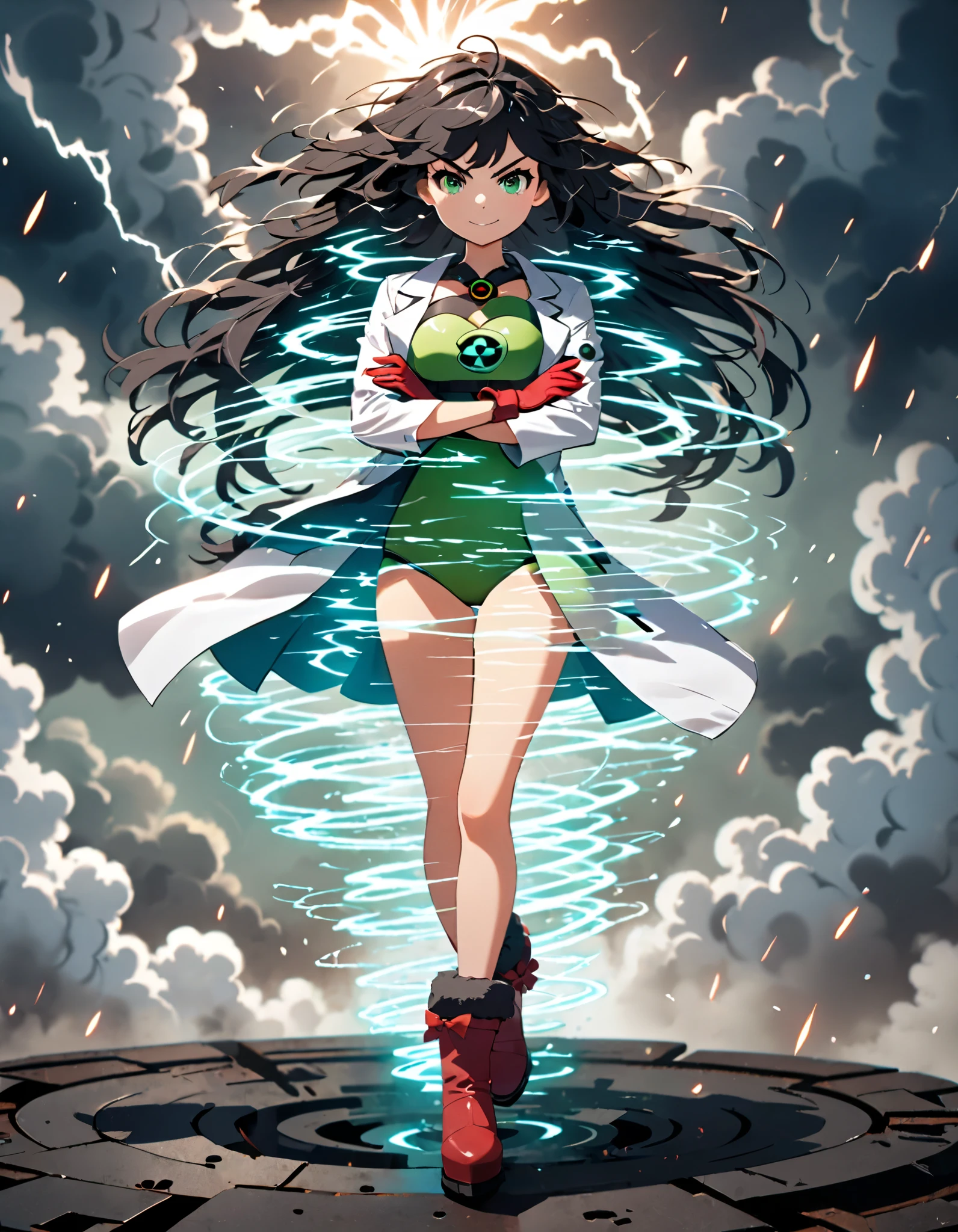 1girl, solo, scientist, mad scientist, red lab coat, green leotard, hair bow, bare legs, boots, gloves, black hair, long hair, hazel eyes, scheming pose, professional, laboratory backdrop, cowboy shot, bunker, evil grin, atom, powering up, full body, glow, energy pulse