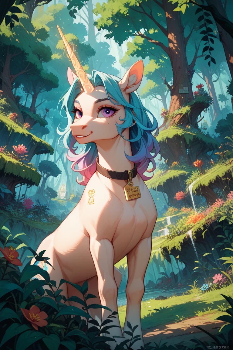 shocked slim and tall feral Female unicorn with White fur and pink mane and tail and glowing Green eyes standing on all fours hooves there are some traces of magic floating around her she is in a forest