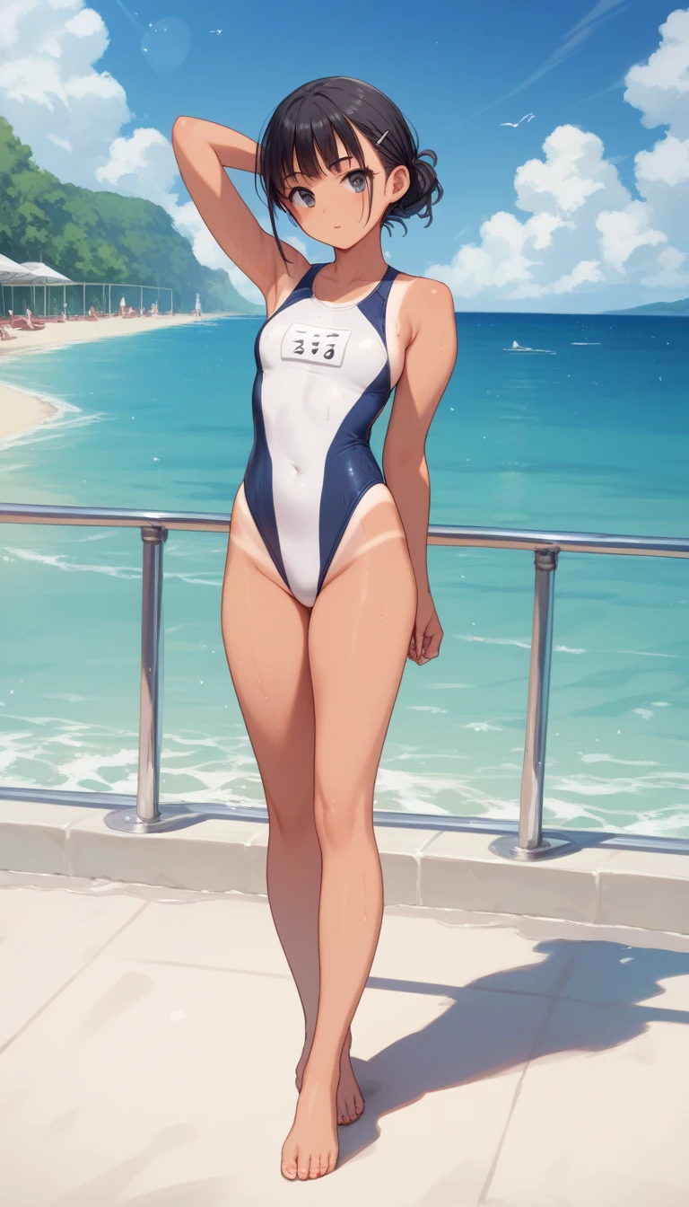 1 girl, swimsuit, competitive swimsuit, elf, silver hair, red eyes, bob cut, seaside, sitting, concept art, official art