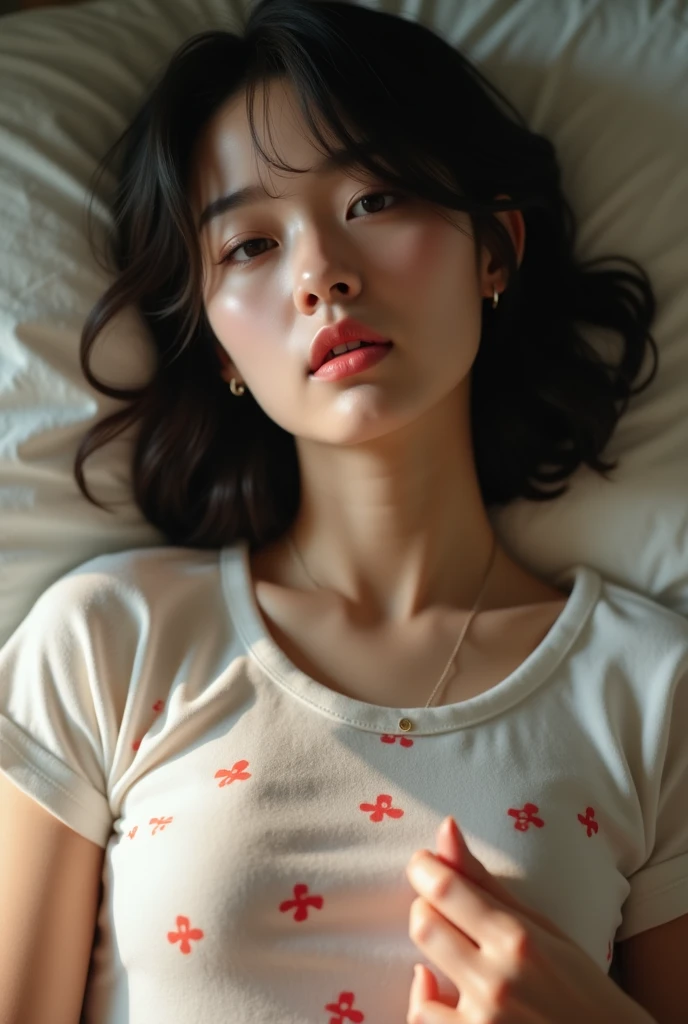 Ultra-HD-details, detailed eyes, black bob hair, three-quarter body, studio, cinematic, loose fit, black comfy t-shirt, short, (casual, modest), Golsifteh Farahani, Iranian girl, perfect body shape, perfect anatomy, lying on the bed