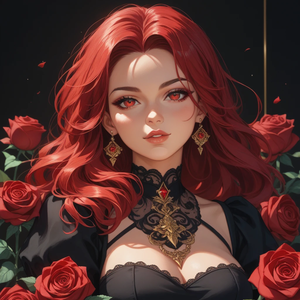 ((Scarlet Johansson)) black widow in a golden red with a gold halo, goddess, chie yoshii, elegant woman, portrait of a beautiful woman, intricate art style