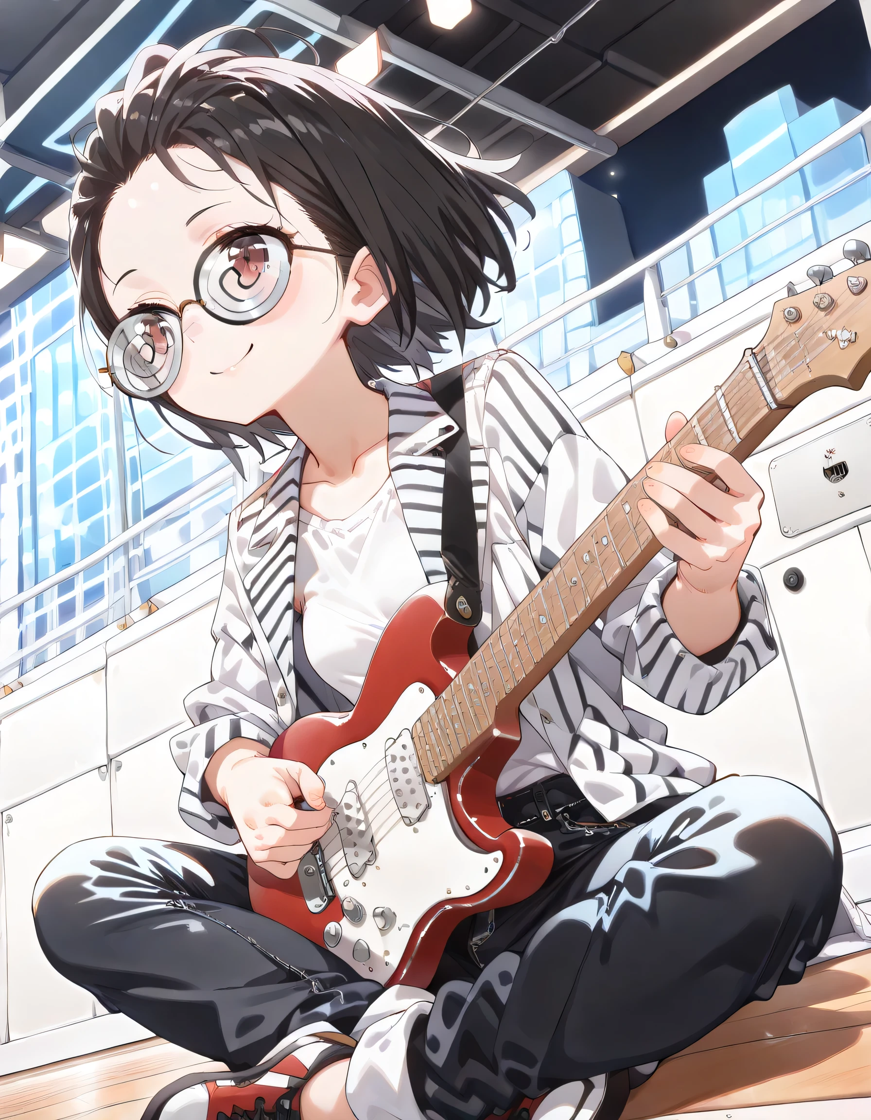 (dynamic angle:1.3,dynamic pose:1.3),(looking away:1.3)+,sitting indian style,pride,solo,14years old,black short hair,forehead,spiral glasses,looking away:1.3,smile,natural cosmetic,sexy slim,flat breasts,striped jacket,black denim pants, electric guitar,absolute area:1.3,lineart+,red-light district at night background,manga style,illustration,memorial shot,nostalsic scene