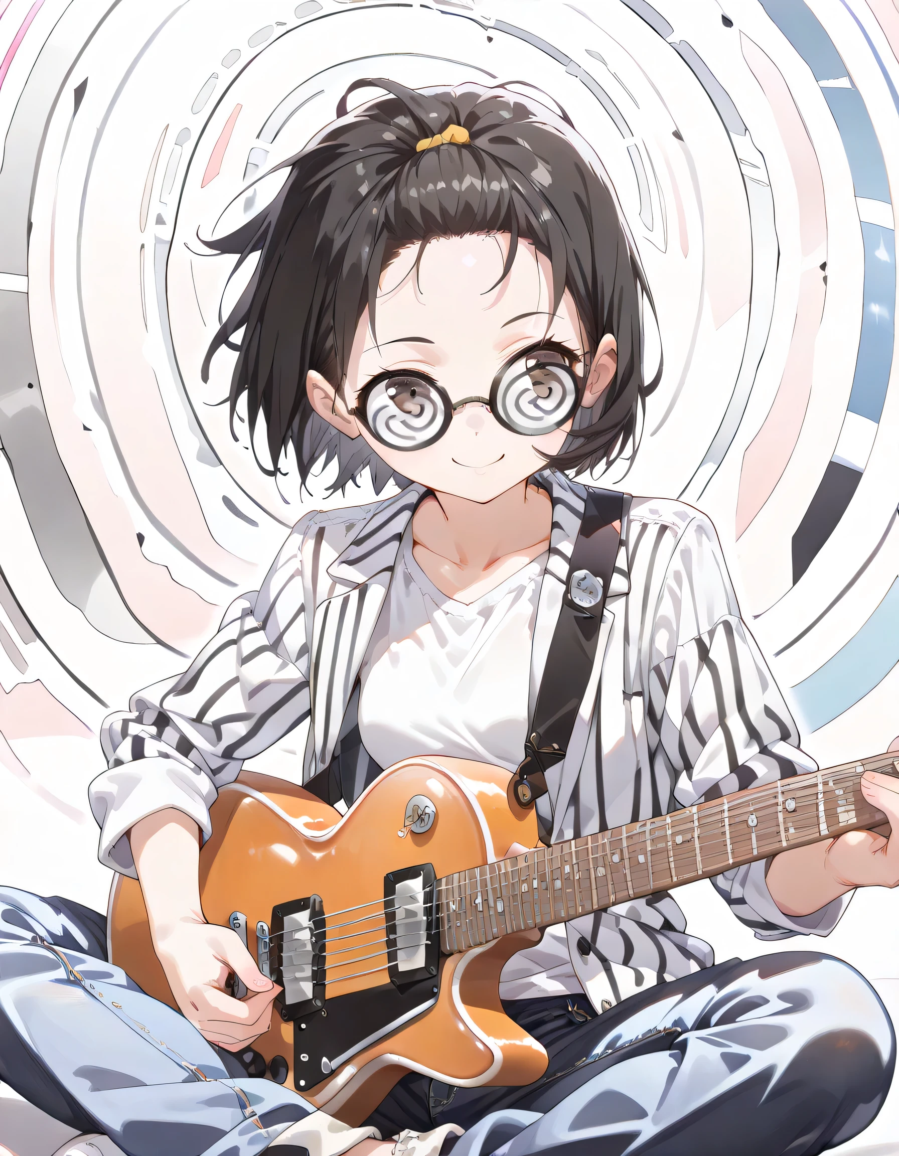 (dynamic angle:1.3,dynamic pose:1.3),(looking away:1.3)+,sitting indian style,pride,solo,14years old,black short hair,forehead,spiral glasses,looking away:1.3,smile,natural cosmetic,sexy slim,flat breasts,striped jacket,black denim pants, electric guitar,absolute area:1.3,lineart+,red-light district at night background,manga style,illustration,memorial shot,nostalsic scene
