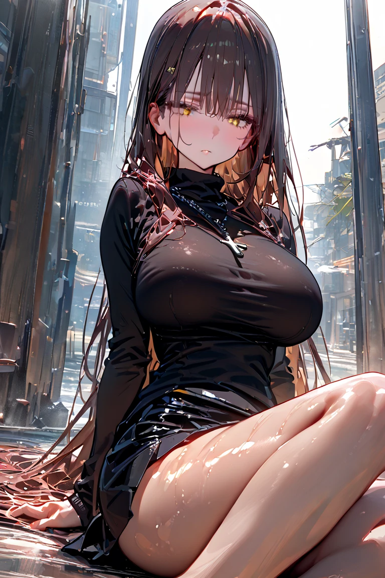 1girl, , shiny skin, HDR,UHD,8K, best quality, masterpiece, Highly detailed, large breasts,parasoul, 1girl, long hair, skirt, large breasts, yellow eyes, jewelry, turtleneck sweater, bare legs, cross necklace, shoes, bored,