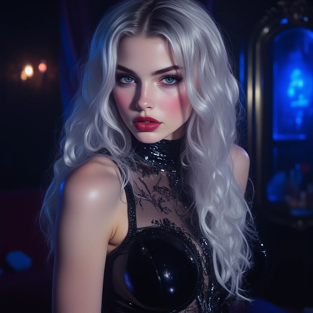 vampire queen submerged in pool of blood, cleavage, hourglass figure, black lipstick, straight white hair