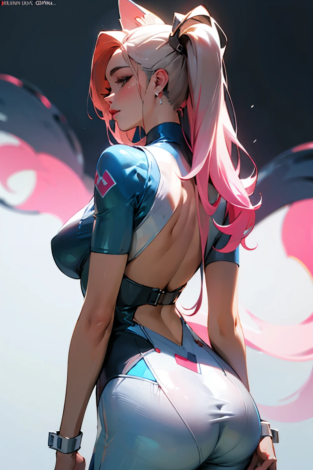 today kda, back view , BIG ASS, perfect breast, beautiful, Sensual, thin, , highly detailed, image focused in depth, realistic full-size photo , Sensual jumpsuit, With nine fox caldas
