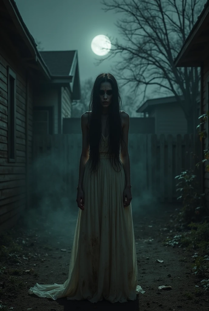 Create for me a horror photo of a female ghost of a young woman, with a scary face in a dark and macabre cemetery at night, cinematic lighting, ultrarealistic, 8k (The cemetery is dark and foggy)