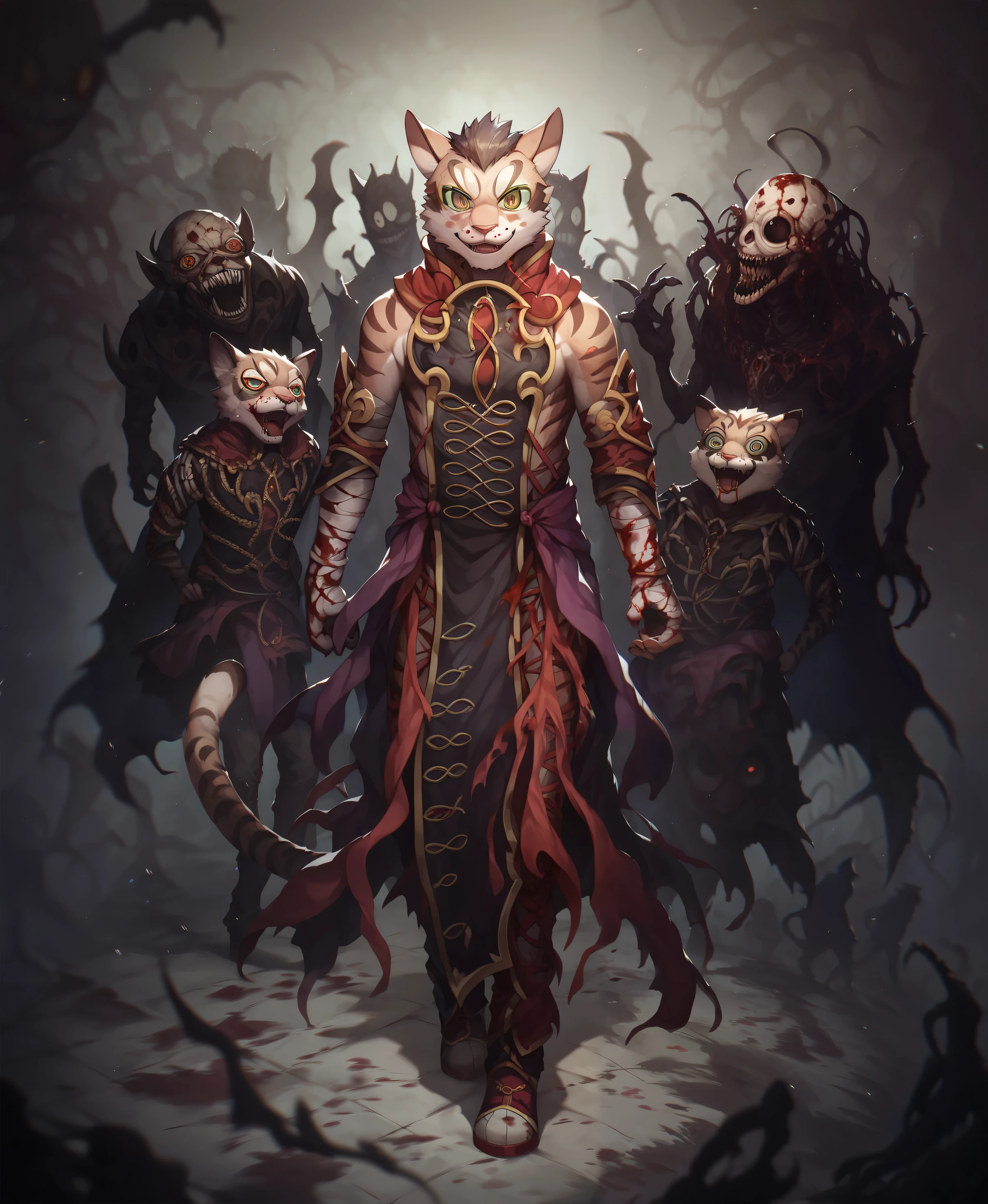 score_9, score_8_up , score_7_up , score_6_up, detailed, detailed eyes, detailed fur, male, tail, yan shu chi_nekojishi, evil smile face, blood full body, kill people, high quality, detailed background, masterpiece, unreal, horror, dead person, Chinese horror, Chinese background