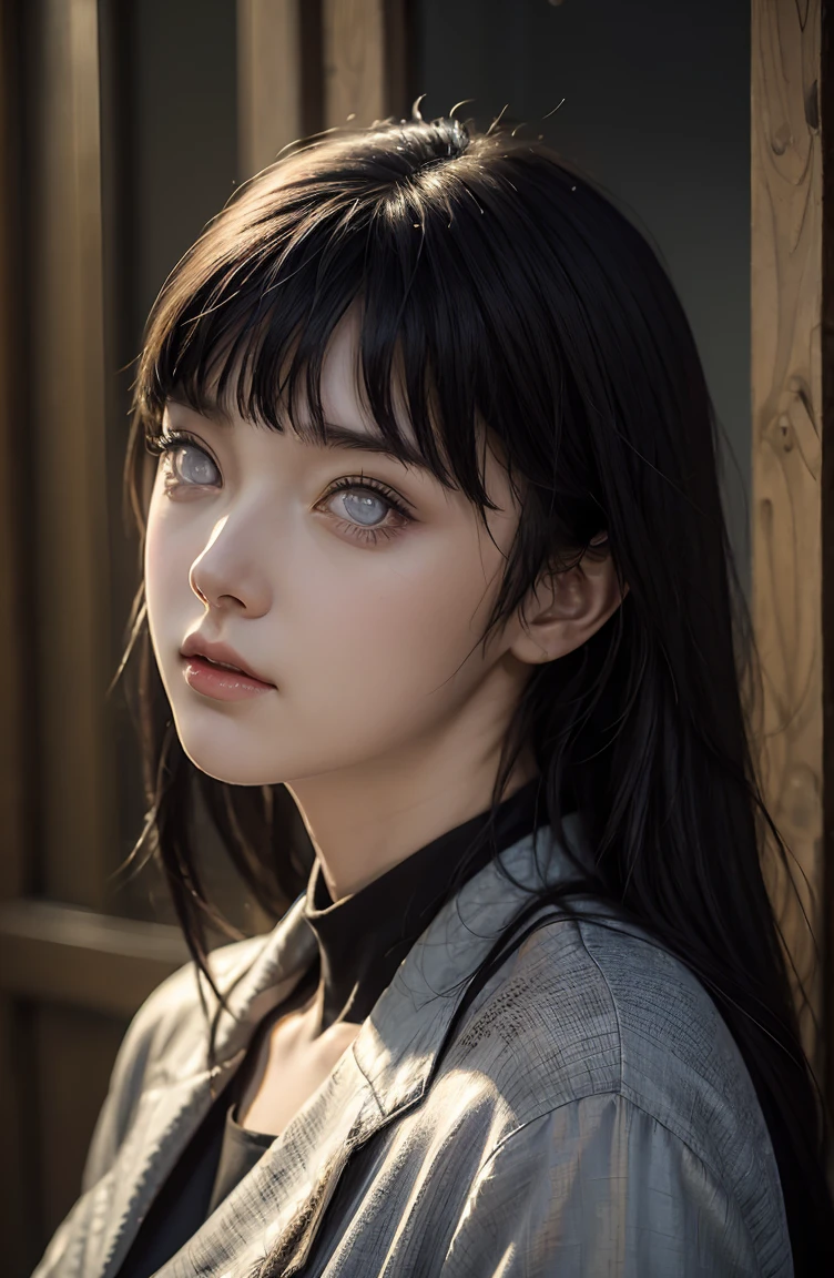 1girl, portrait, upper body, looking at viewer, from front, brown hair, pale skin, green eyes, black background, simple background, dark background, realistic skin texture, beautiful woman, 20 years old, medium hair, bangs, black shirt, collared sjort; straight on, face focus,