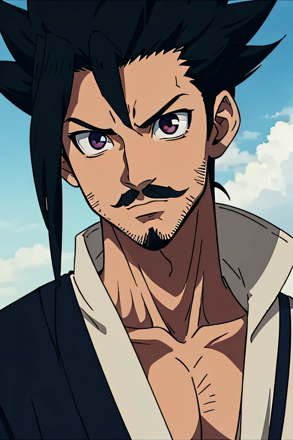 32 year old man, japanese, a samurai, muscular , a criminal but good, eyes are black, black hair, wearing a white samurai kimono, hairs form the letter X, has a veil and mustache, Swordsman, hair in pigtail 4,  facing the future 