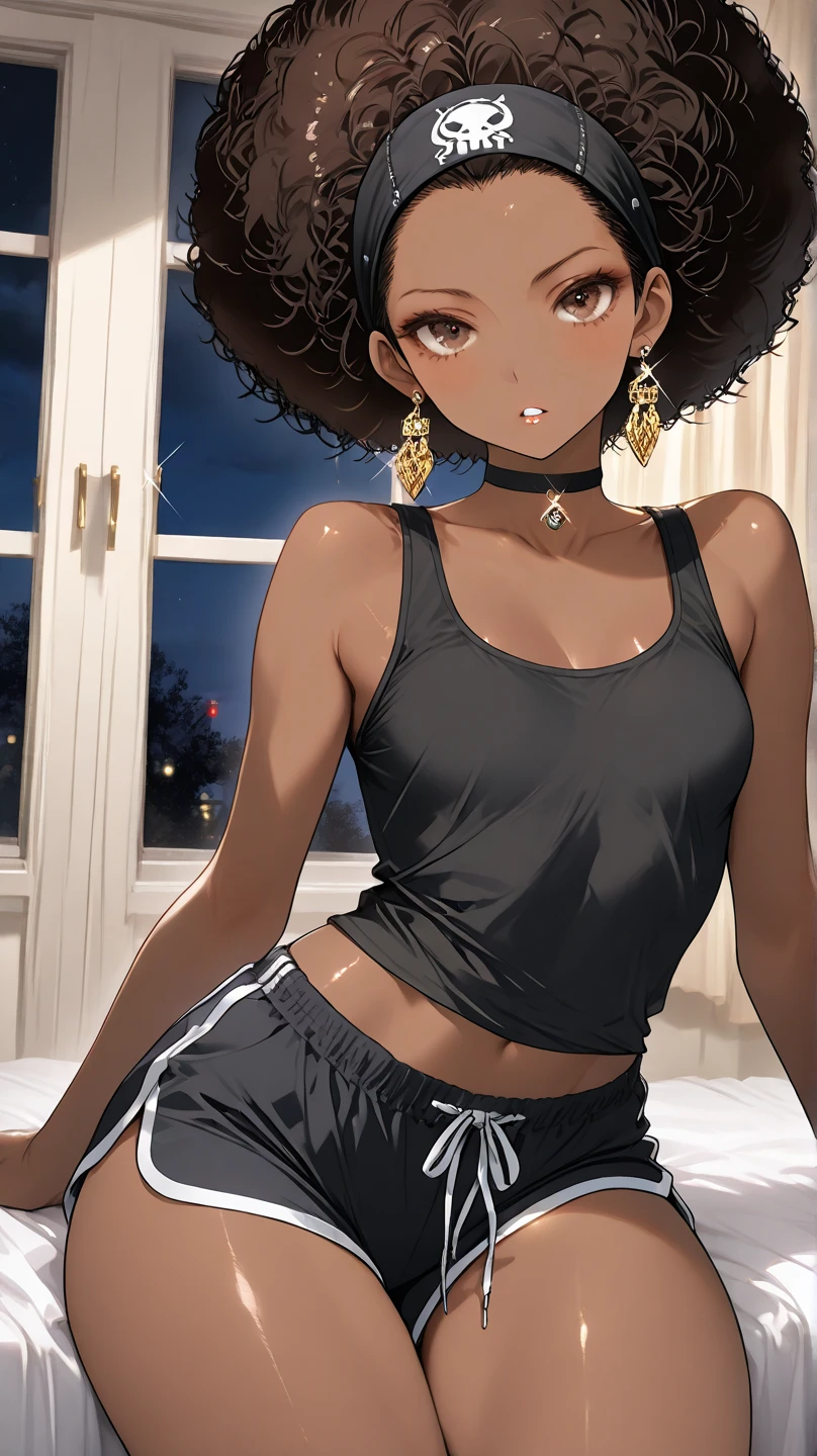 ((black woman with very dark brown skin)), ((curly hair)), short hair, ((pink hair)), ((hair without bangs)), ((shoulder length hair)), dark brown eyes , ((sweet sexy)), cute, ((very small breasts)), ((black power hair)), medium glutes, ((sexy bra and panties)), standing, best quality, masterpiece, beautiful