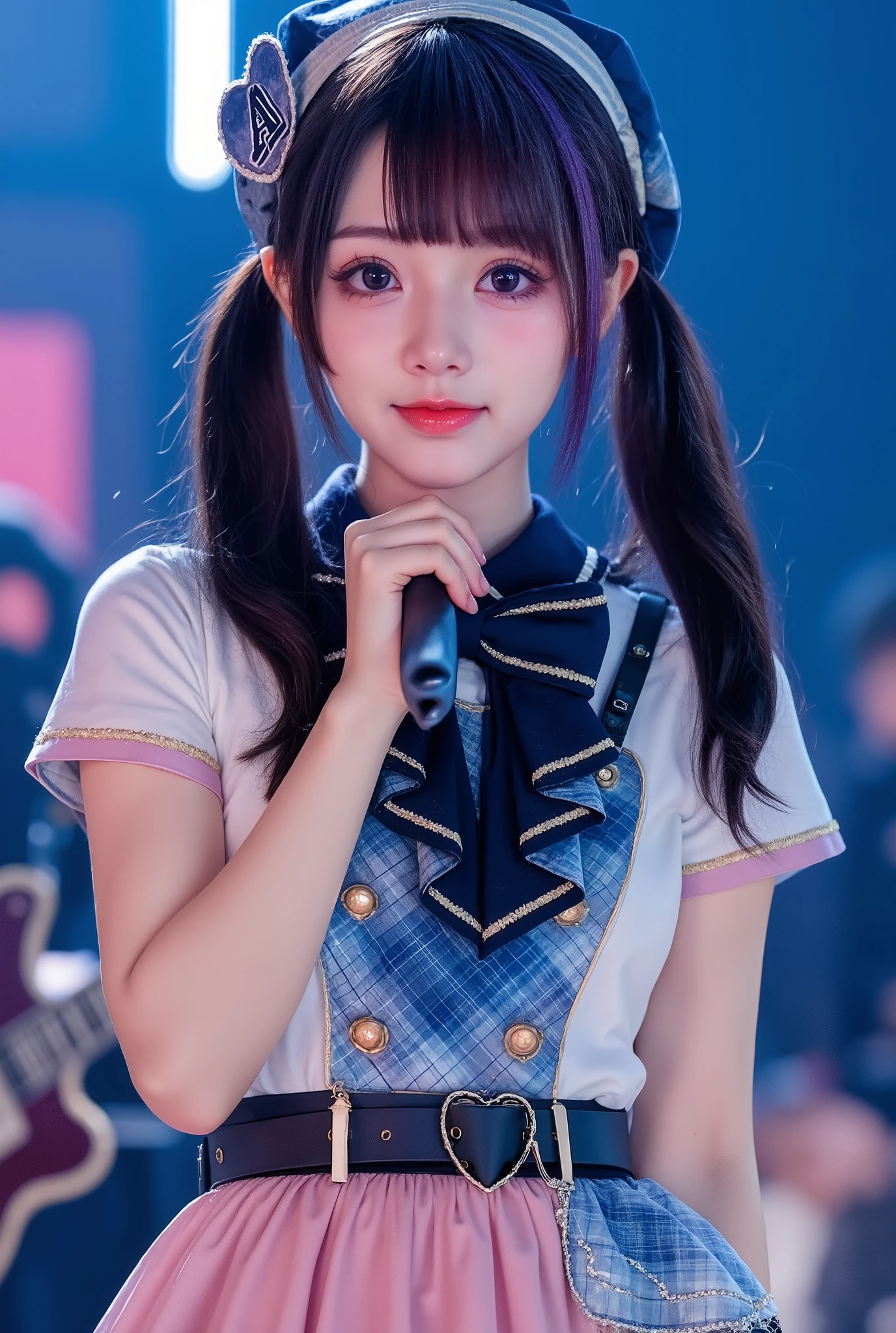 extremely detailed, (score 9, score 8 up, score 7 up, very detailed, detailed, sharp focus, 8K UHD), realistic full-body photo of a petite and very young Japanese woman, (((cowboy shot, full outfit visible))), big smile, detailed facial depiction, detailed eye depiction, big eyes with double eyelids, thick lips, black hair, black pupils, idol singer wearing frilly stage outfit singing on stage, backing band behind, brilliant colorful effective lighting, very fantastical, depth of field photo, blunt pigtails, looking at the viewer.