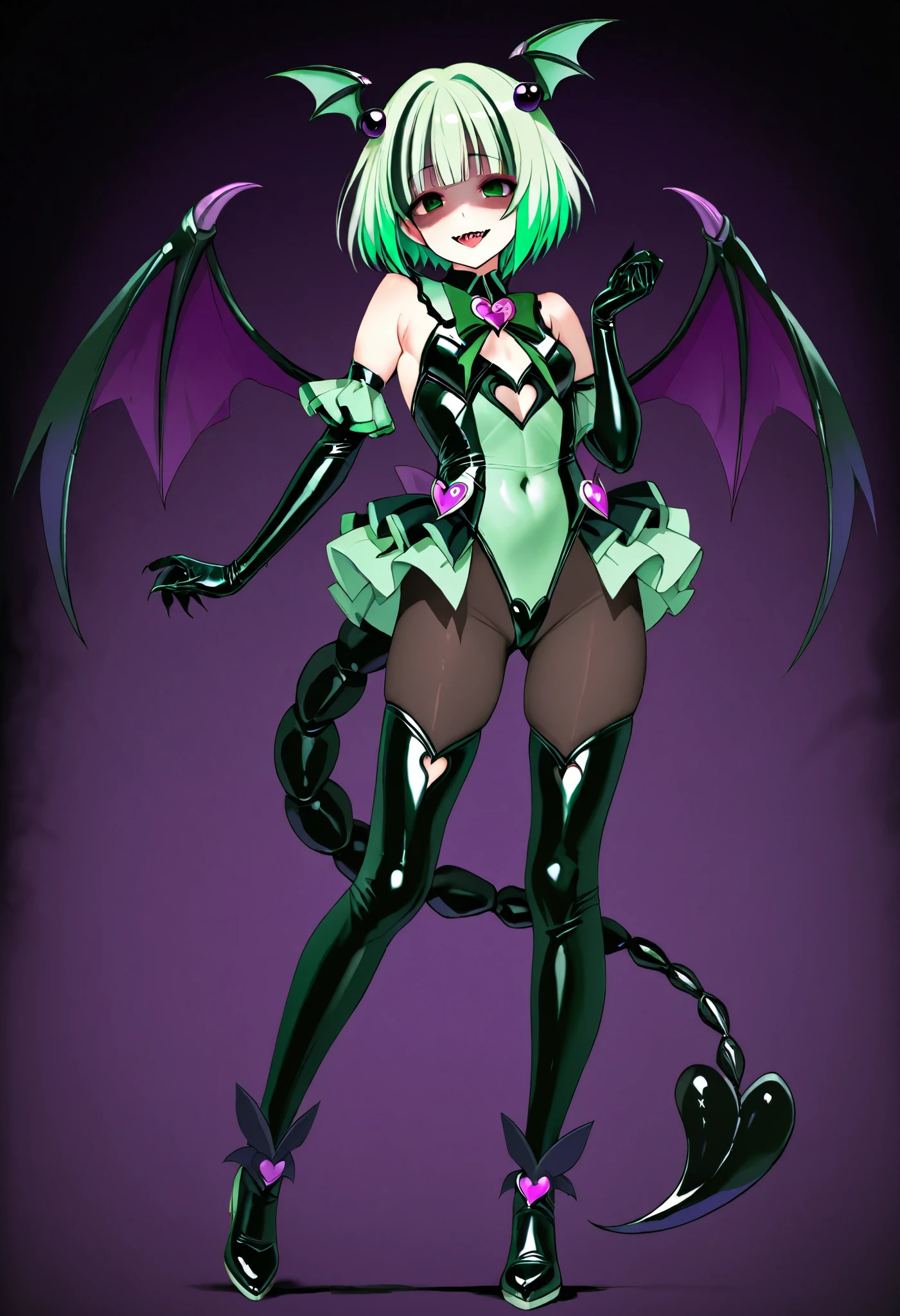 Succubus-style magical girl. Black scorpion tail. Scorpion motif. Black carapace. Mint green hair. Two-tone hair. Short hair. High legs. Body tights. Sharp claws. Black paint hands. Yandere Smile.
