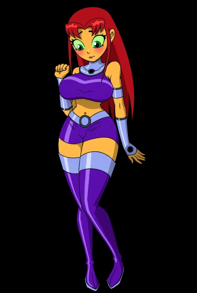 starfire, anime, standing, full body, curvy, smile, big breast,bikini