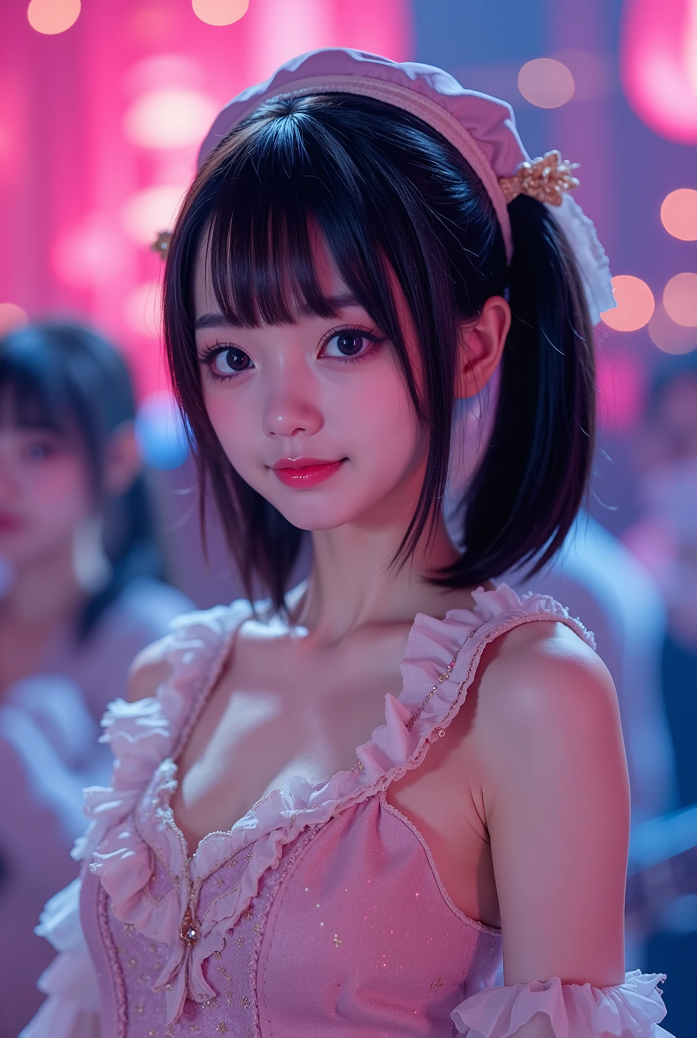 extremely detailed, (score 9, score 8 up, score 7 up, very detailed, detailed, sharp focus, 8K UHD), realistic full-body photo of a petite and very young Japanese woman, (((cowboy shot, full outfit visible))), big smile, detailed facial depiction, detailed eye depiction, big eyes with double eyelids, thick lips, black hair, black pupils, idol singer wearing frilly stage outfit singing on stage, backing band behind, brilliant colorful effective lighting, very fantastical, depth of field photo, blunt pigtails, looking at the viewer.