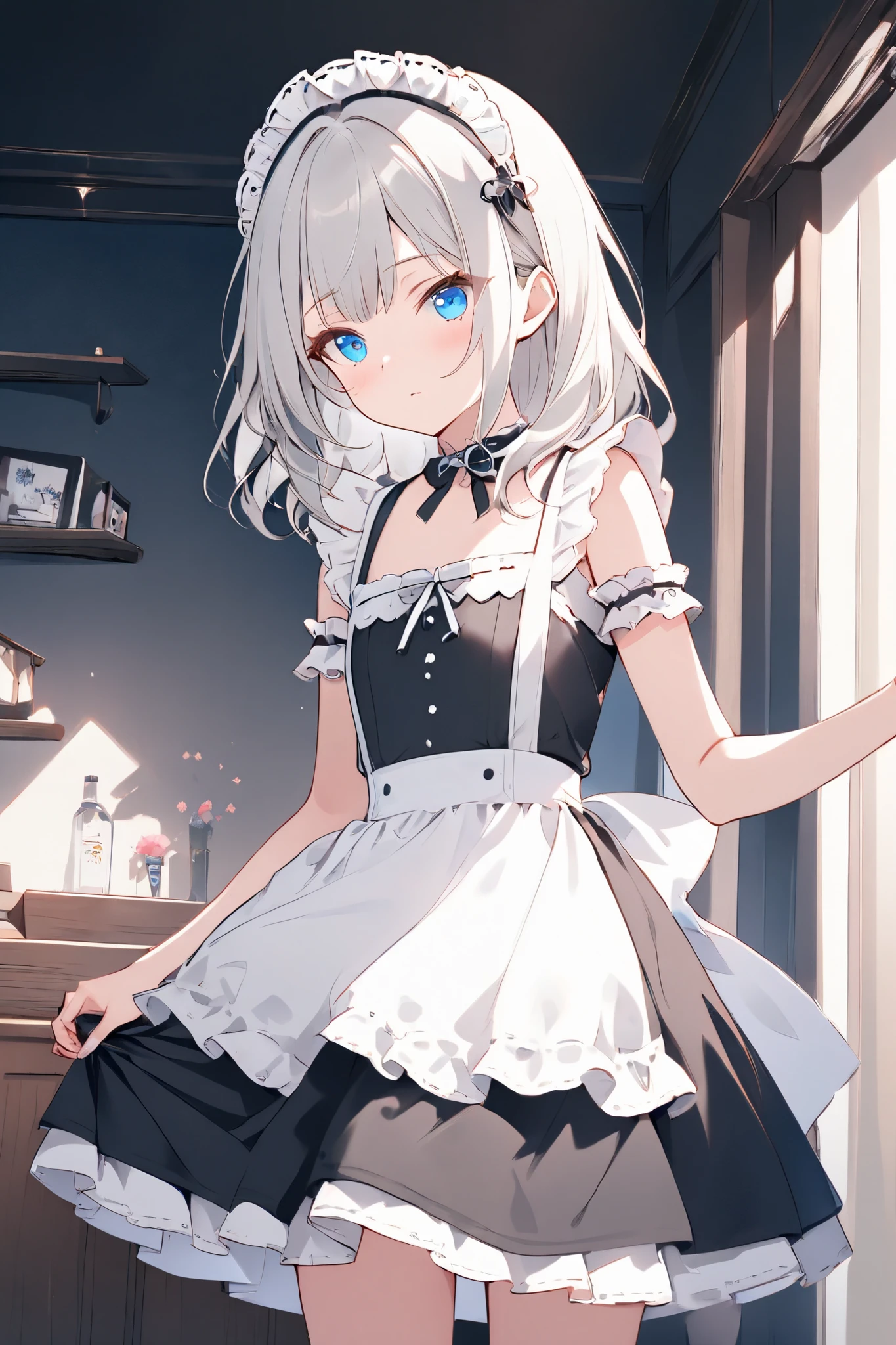 (((masterpiece))),best quality, extremely detailed CG unity 8k, illustration, contour deepening beautiful detailed glow,(beautiful detailed eyes), High level of image quality、top-quality、Detailed diagram、Reddening cheeks、slim adult beauty、Maids wear、petty eyes、Knee-length、stocklings、B cup，silvery white hair，double tails，Gray-black pupils，Pupil highlights，Shoulders bare，Quiet and spacious study，Potted greenery，Maid with leg rings，（Panties are visible：1.5），white panties，Lift the hem，NSFW