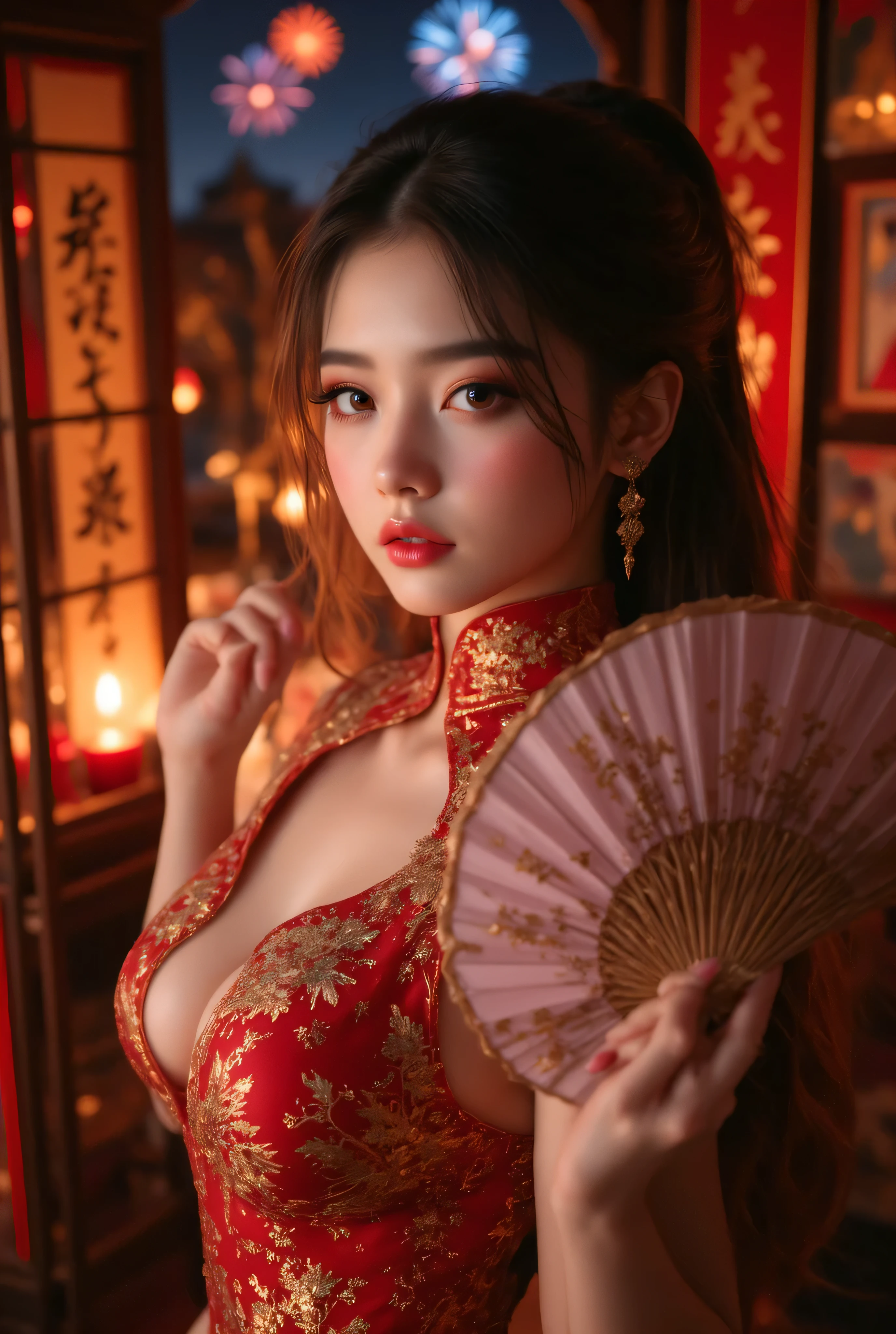<lora:Spring Festival_20240128014515:0.8>, best quality, masterpiece, illustration, realistic, photo-realistic, amazing, finely detail, incredibly absurdres, huge filesize, ultra-detailed, highres, extremely detailed CG unity 8k wallpaper, nsfw, A captivating young Chinese woman adorned with hair ornaments and earrings. Her long black eyelashes frame her expressive eyes, which sparkle with mischief. Rosy blush dances on her cheeks, hinting at a playful smile. She is attired in a striking red silk cheongsam, the deep V-neckline showcasing delicate embroidery that shimmers with gold thread. The blurred background fades against the vibrant red, drawing attention to her graceful silhouette. From this sidelong perspective, the viewer catches a glimpse of her playful charm and undeniable allure.