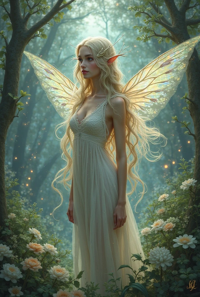 Beautiful girl
Tall and skinny not too skinny
Brown eyes
White healthy long hair
Big eyes 
have a white fairy wings
Nature background with animals
Kind
Goddess
