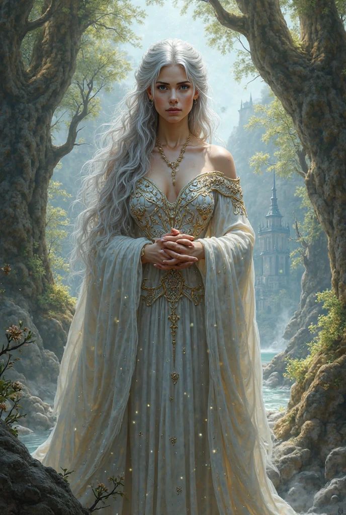 gorgeous curvy sorceress, intricate detailed fantasy character, beautiful detailed eyes, beautiful detailed lips, extremely detailed face and portrait, long flowing hair, dramatic mystical pose, ornate flowing robes, glowing magical aura, dramatic lighting, cinematic composition, epic fantasy landscape, mist and fog, glowing magical effects, digital art, concept art, highly detailed, 8k, photorealistic, hyper detailed