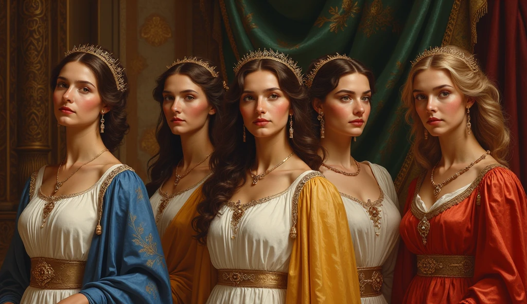 Full-body portrait of three women standing side by side facing forward。On the left is the beautiful Cleopatra at age 20、Beautiful Virgin Mary in the center、On the right is the beautiful Queen Victoria at age 26.。