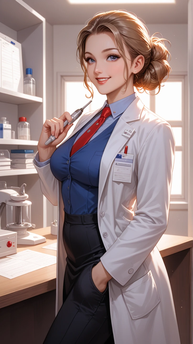 Emma Watson, masterpiece quality, realistic, lots of detail, studio lighting, in a pharmacy, chemistry equipment in background, long hair, wearing white lab coat, wearing green blouse, wearing khaki pants, wearing choker collar, big breasts, (big breasts:1.3), thin,