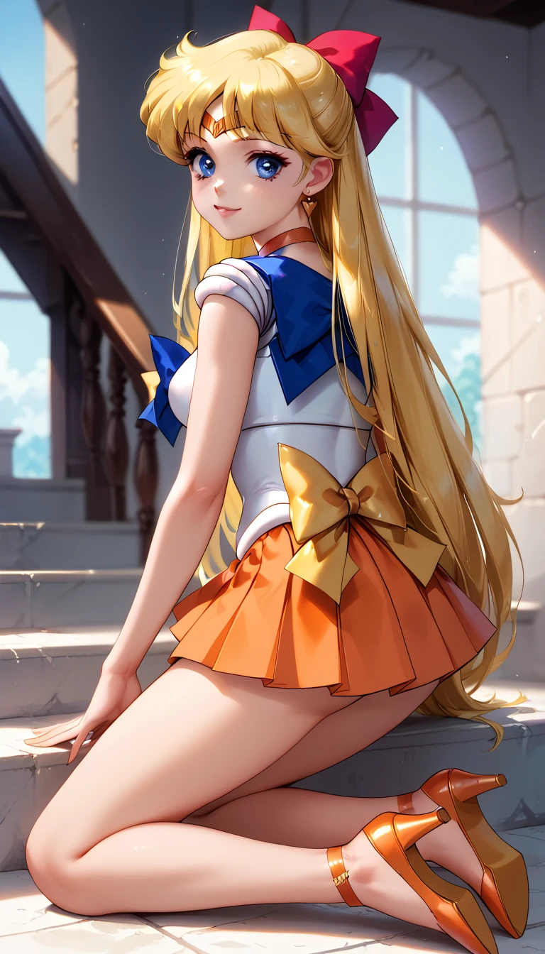 A close-up of a beautiful girl in a Sailor Moon costume, (Bishoujo Senshi Sailor Moon costume), anime girl, posing for the photo, outdoors, night, starry sky, waning crescent moon background, big rounds breasts, arms raised, hands behind her head, looking down, full sexy body, (detailed legs, arms and hands, slim waist), sensual posture, miniskirt, long gloves, white stockings, beautiful eyes, ultimate physical beauty, top quality, skirt lift, upskirt, (white panties:1.4), completely exposed panties, brown hair, bangs, long hair, twintails, expressive hair, shiny hair, wavy hair, hairclip, aqua eyes, glowing eyes, pupils sparkling, crescent earrings, blush, tongue out, bright pupils, seductive smile, naughty face, red lips, high detail, anime, anime style, chiaroscuro, dithering, border, pov, from below, three quarter view, perspective, panorama, lens flare, Wide-Angle, f/1.8, 85mm, Sony FE, 8k, super detail, UHD, masterpiece, accurate, anatomically correct, textured skin, highres, best quality, 16k