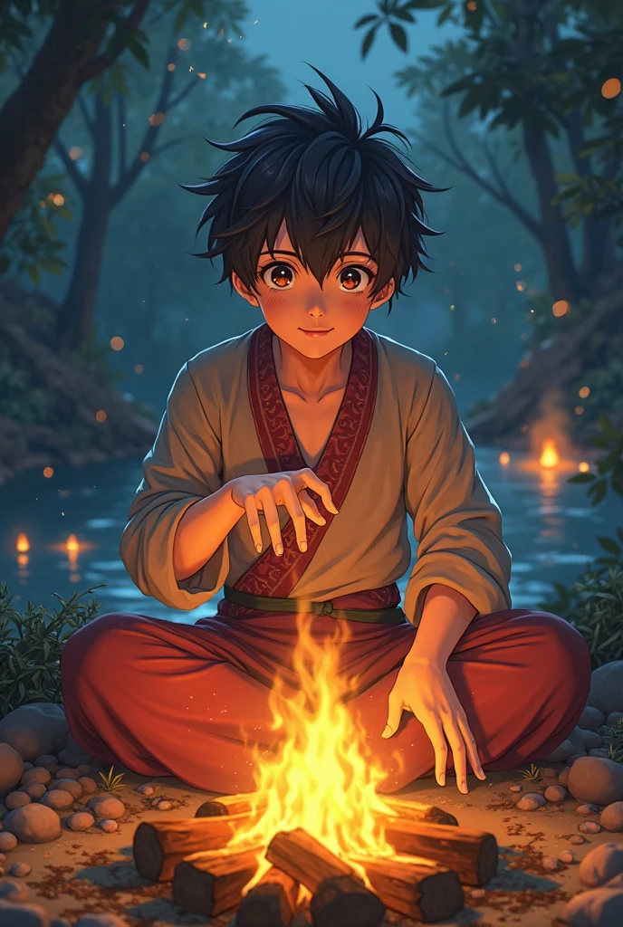 Create a Anime Man sitting near a fire and telling a story with  