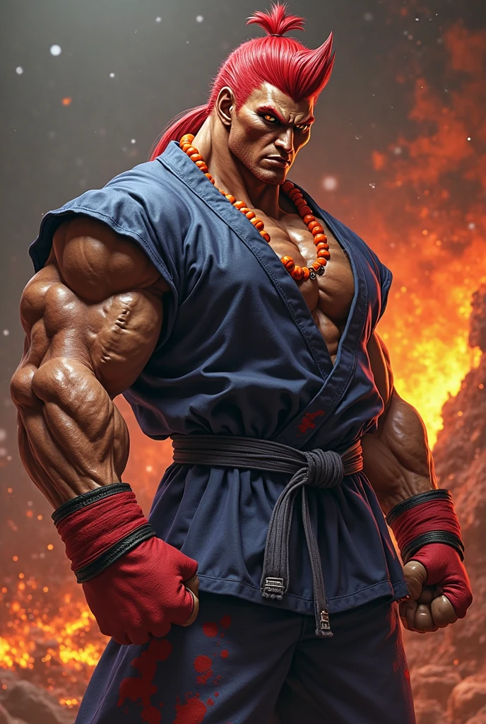 street fighter character concept (( super strong )), masterpiece, best quality, ultra-detailed, ground, destroyed city background, shadows, contrast, clear sky, analog style (look at viewer:1.2) (skin texture) (film grain:1.3), ultra-high resolution, octane render, 16k