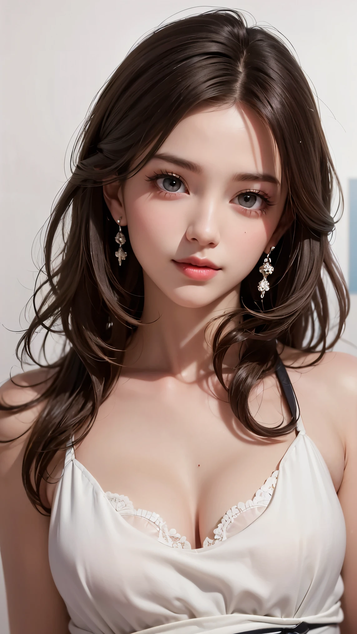 Medium Hair, Shiny Hair, floating hair, bangs, hair band, hair flower, Headphones, Whistle around the neck, Mole under the eye, Heart-shaped pupils, Pupils dilate, half-closed eyes, Earrings, heart Earrings, blush, shy, Lips parted, Licking lips, full blush,Verism, Hyperrealism, Surrealism, depth of field, f/1.2, 135mm, Canon, foreshortening, UHigh resolution, retina, masterpiece, Accurate, Anatomically correct, Textured skin, Super Detail, Attention to detail, high quality, Awards, 最high quality, High resolution, 1080p, High resolution, 4K, 8k, 16k, Tank top