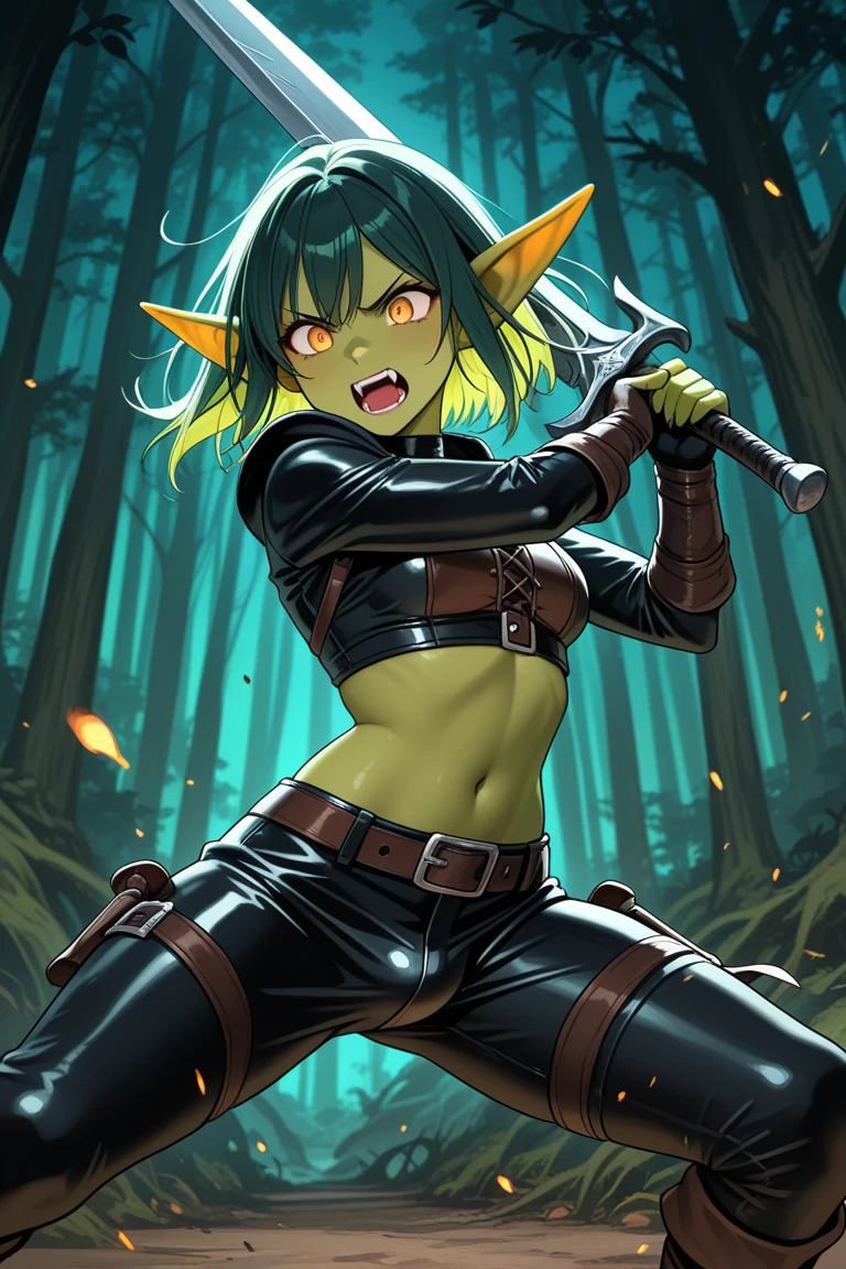 1girl,solo,goblin girl,black hair, short hairs,red eye, breasts,standing,smug