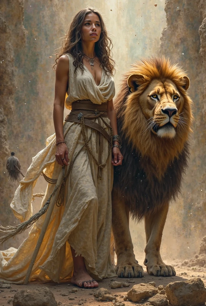 "Create a visually stunning watercolor and realism scene featuring a beautiful woman wearing an elegant yet modest dress in earthy tones and many layers of fabric, and standing next to a majestic lioness. The woman has long, flowing hair, eyes honey colored and her dress is adorned with jewels. The lioness at her side has a powerful presence, with an elegant, muscular body and fur that shines with radiant shine. Watercolor image with smoky brushed watercolor style edges, capturing beauty and power. of the woman and the lioness.”