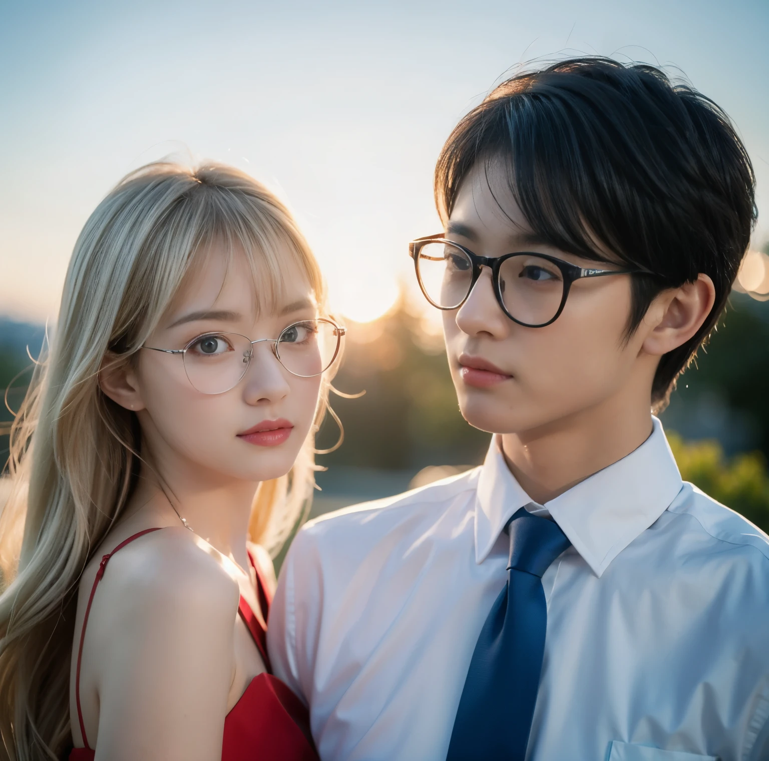 Make a cute image for my girlfriend's birthday, her name is Clara, Place several purple tulips and stars in the night sky, with a couple sitting on the grass near a lake, a boy a little bigger than her, white guy with black hair and the brown girl with long black hair
