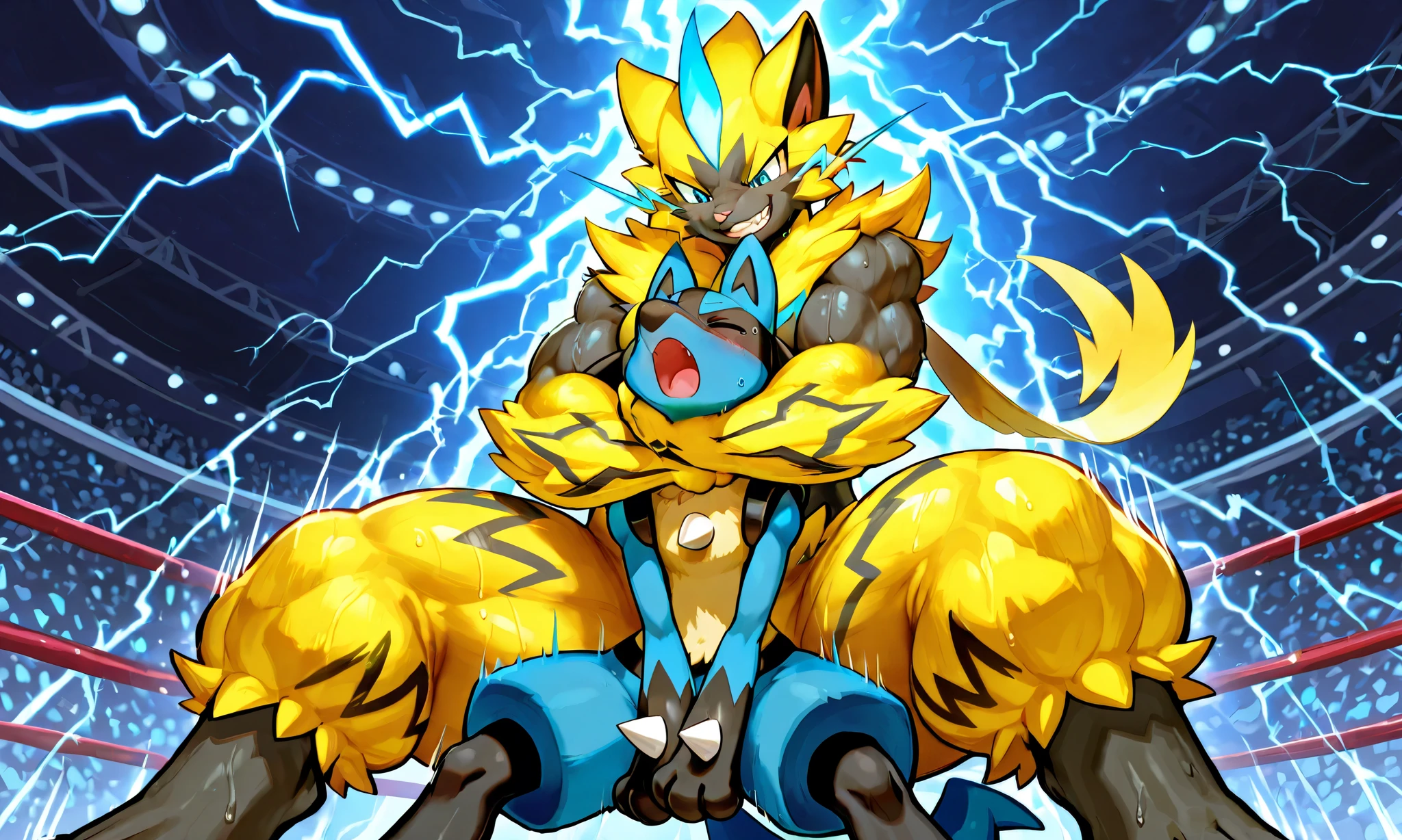 giant feral zeraora, small feral lucario, wresling, side choke hold, [zeraora:carrying person, head lock from side, arms around neck, heavy weight bulky fat, giant plump muscular body, venis popping, evil grin, looking each other, spread legs wide, wearing wretling red spats, sweaty], [lucario:small build, head between arms and pecs, close legs, pain, closing eyes, open mouth],size difference, motion blur, motion line, fighting arena background, lightning thunder trails, from below