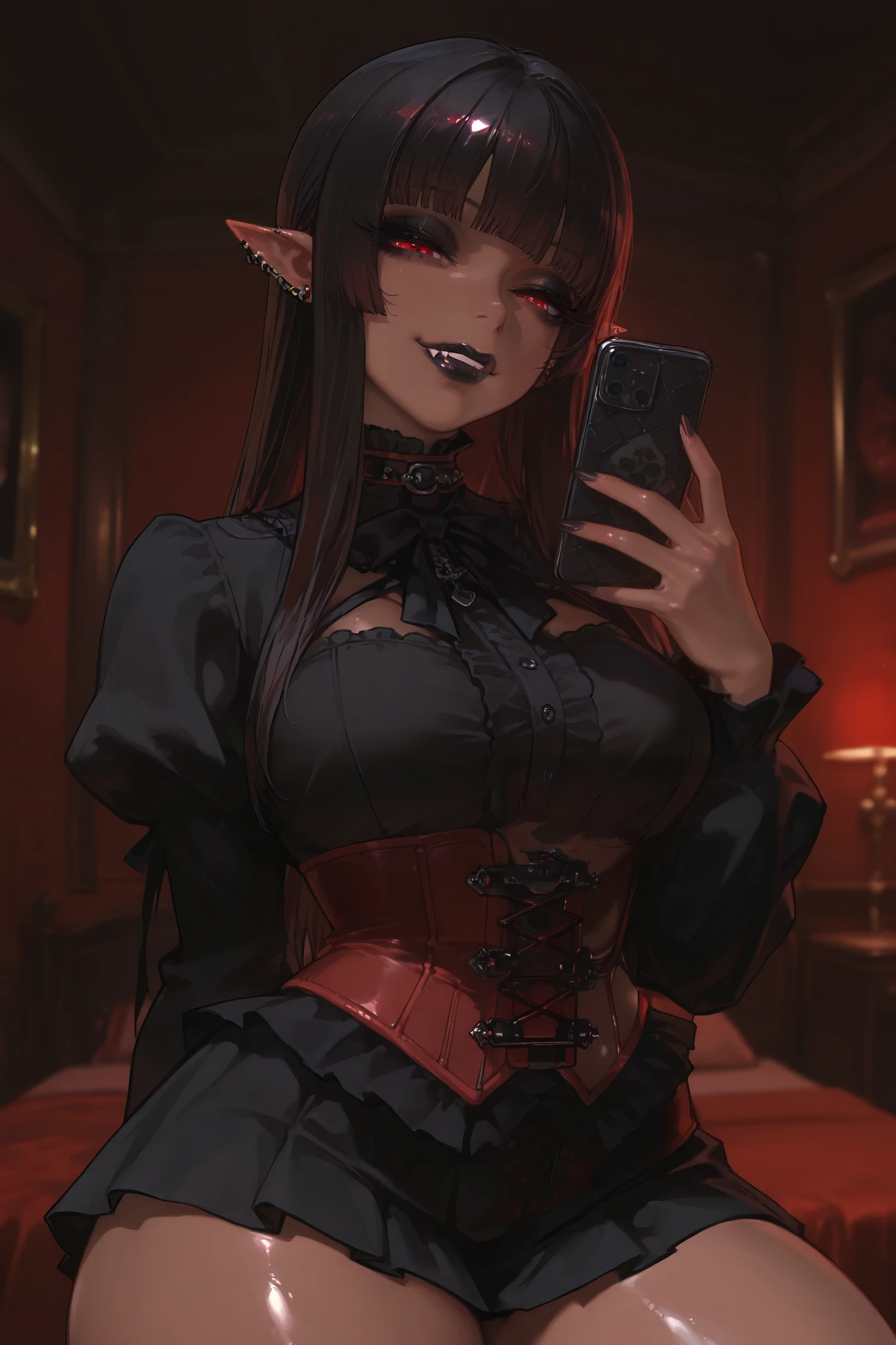 hires, 1girl, ((dark skin)), brown skin, elf ears, goth, black hair, straight hair, long hair, red eyes, thick lips, big lips, (((lips))), half closed eyes, long eyelashes, blunt bangs, adult, black eyeliner, ear piercings, ((black lipstick)), black and red eyeshadow, looking at viewer, BREAK solo, shiny skin, wide hips, ((thick thighs)), indoors, bedroom, gothic decor, dark red corset, black mini skirt, looking at cell phone, evil smile, fangs, upper body,