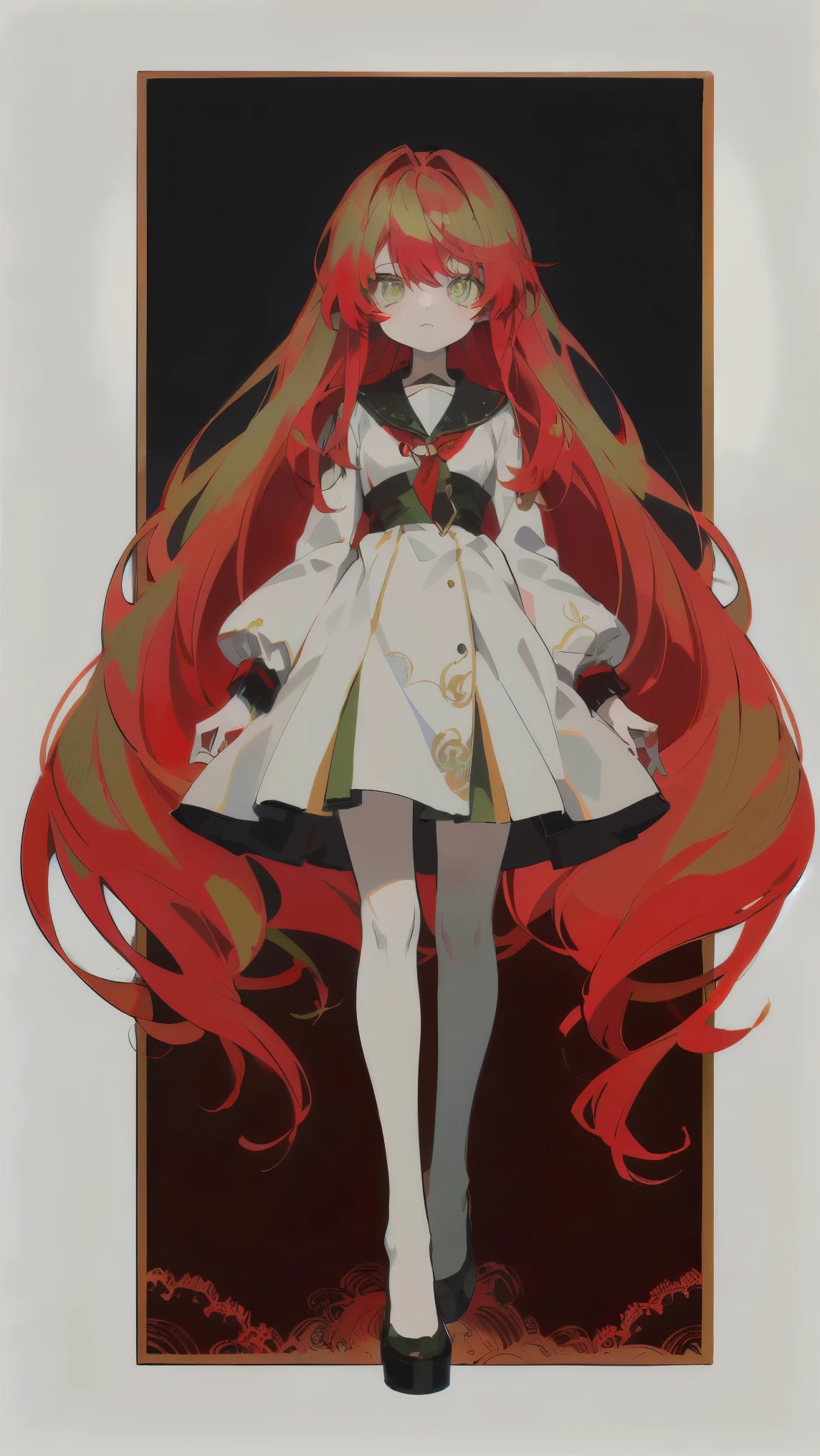 masterpiece、perfect face、Ultra High Quality、highest quality、Bearish、、one girl、 Characters、very long hair、leggy hair、anime style、red hair、((red hair:1.5))、green eyes、((green eyes:1.5))、bangs、やみcute、white lace shirt、pure white skin、 Delicate Lace 、original character、 intricate design、unique design、droopy eyes、long eyelashes、in the ruins、slightly hungry、full bodyの描画、request、Possible Adoption、full body、background、cute、dress、 Long Sleeve、Navy blue outfit、Anime Girl Characters、白いbackground、full body、All Decorations Are White or Silver、Loose Ruffles、 green eyes、Slender hands、Skeleton、 Winter Outfits、Unnaturally Pale Skin、pure white skin、White skin color、 girl、 beautiful girl、Sacred、 (((red hair:1.5)))、((green eyes:1.5))、白background。