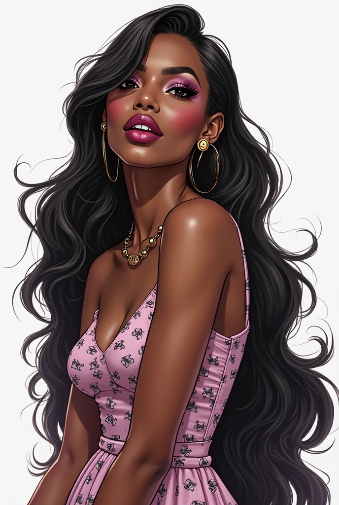 A captivating illustration of a confident, poised young woman with dark skin and flowing black hair. She exudes elegance and sophistication, adorned with a hot pink headband, matching crop top and accessories including bracelets, she looks ready to conquer the day. The background is a harmonious mix of pink and white hues, subtly blurred to highlight the stunning subject. An iconic artist, she poses for the photo showcasing her extraordinary artistic style and talent. This piece of concept art is perfect for a vibrant poster or concept piece that embodies feminine power and grace,Exceptional SLR lighting and shadows accentuate realistic features, while cinematic close-up lighting highlights the intricate details of her elaborate makeup. Shot with Unreal Engine 5 and high-speed photography, DSLR, Nikon D750, cinematic and impressive,