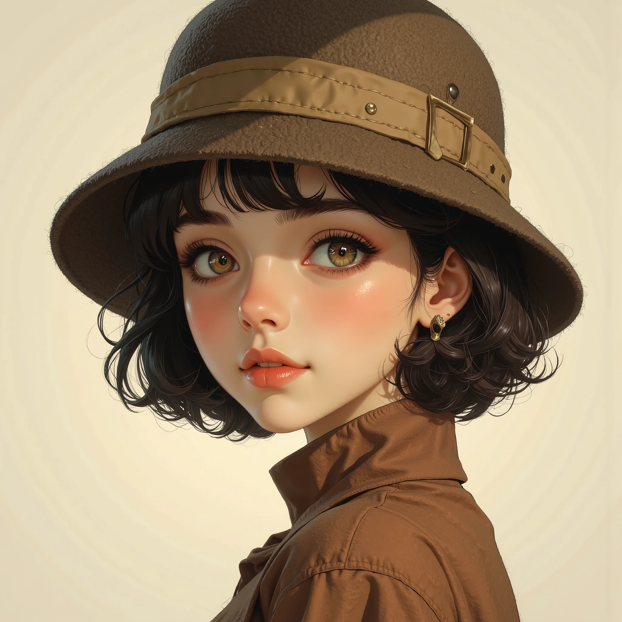 1girl,portrait、focus hat,Woman wearing wool felt hat. Wool fine texture. Smiling face. A profile. Side eyes.smiling at viewer,anime art,modernretroanime
Anime