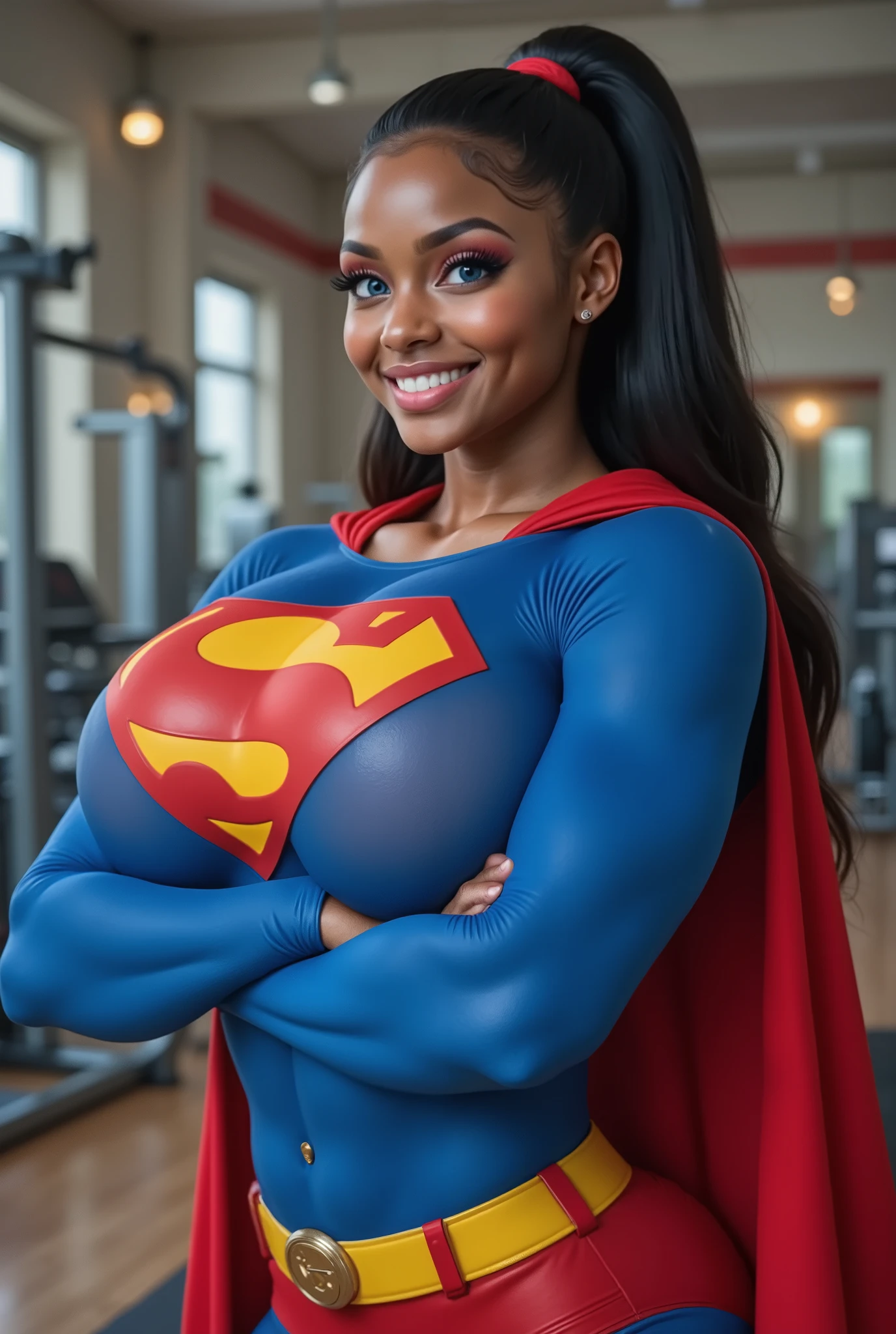 (LIFTING LARGE HEAVY WEIGHTS AT A GYM) SEXY BLACK AFRICAN 17-YEAR-OLD FEMALE COSPLAYER WITH crystal BLUE EYES **"FULL ENTIE BODY STANDING POV OF A stunning, highly detailed, and ultra-realistic portrait of a SEXY BLUE EYED I GIRL, proudly wearing the iconic RETRO 1980 SUPERMAN costume. The vibrant royal blue bodysuit shimmers under the soft natural lighting, adorned with a bold, raised red and yellow 'S' emblem on her chest, signifying her legacy as Superman’s daughter. A flowing red cape BILLOWING behind her, its silky texture catching the light, enhancing the depth of the image. Her long, jet-black hair is neatly pulled back into a sleek ponytail, revealing her striking blue eyes that radiate confidence and warmth. She has a bright, playful smile, showcasing her pearly white teeth, adding to her charismatic presence. Her skin appears flawless, glowing naturally, with soft highlights accentuating her features black hair, longeyelashes, solid circle eyes, 8k, super detail, best quality, highres, award winning, best quality, super detail, textured skin, UHD, retina masterpiece, best quality, high quality, extremely detailed CG unity 8k wallpaper, Depth of Field, HDR, bloom, Chromatic Aberration ,Photorealistic,extremely detailed, trending on artstation, trending on CGsociety, Intricate, High Detail, dramatic, art by midjourney
